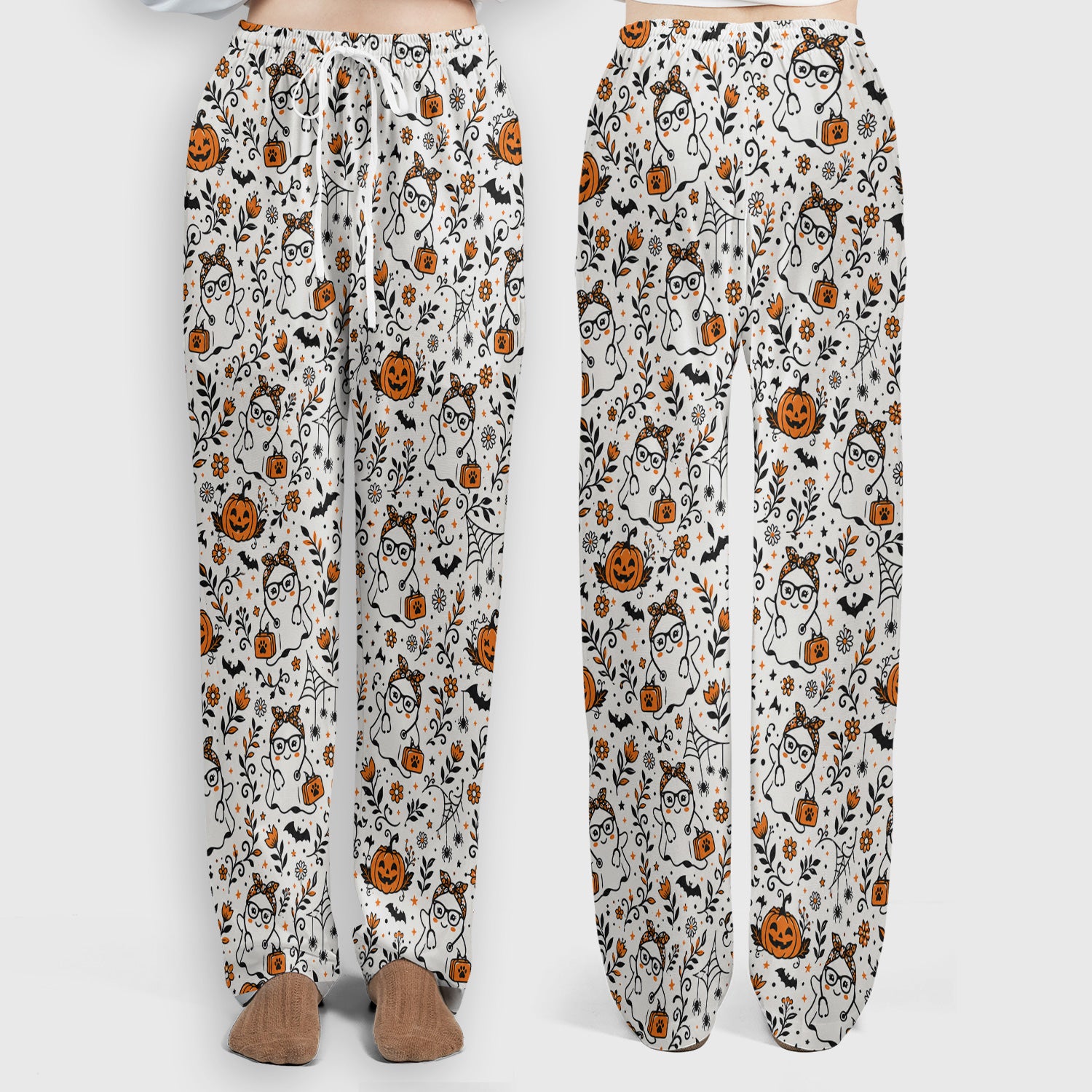 Cute Halloween Nurse Ghost And Pumpkins Scrub Set, Scrub Pants and V Neck Top