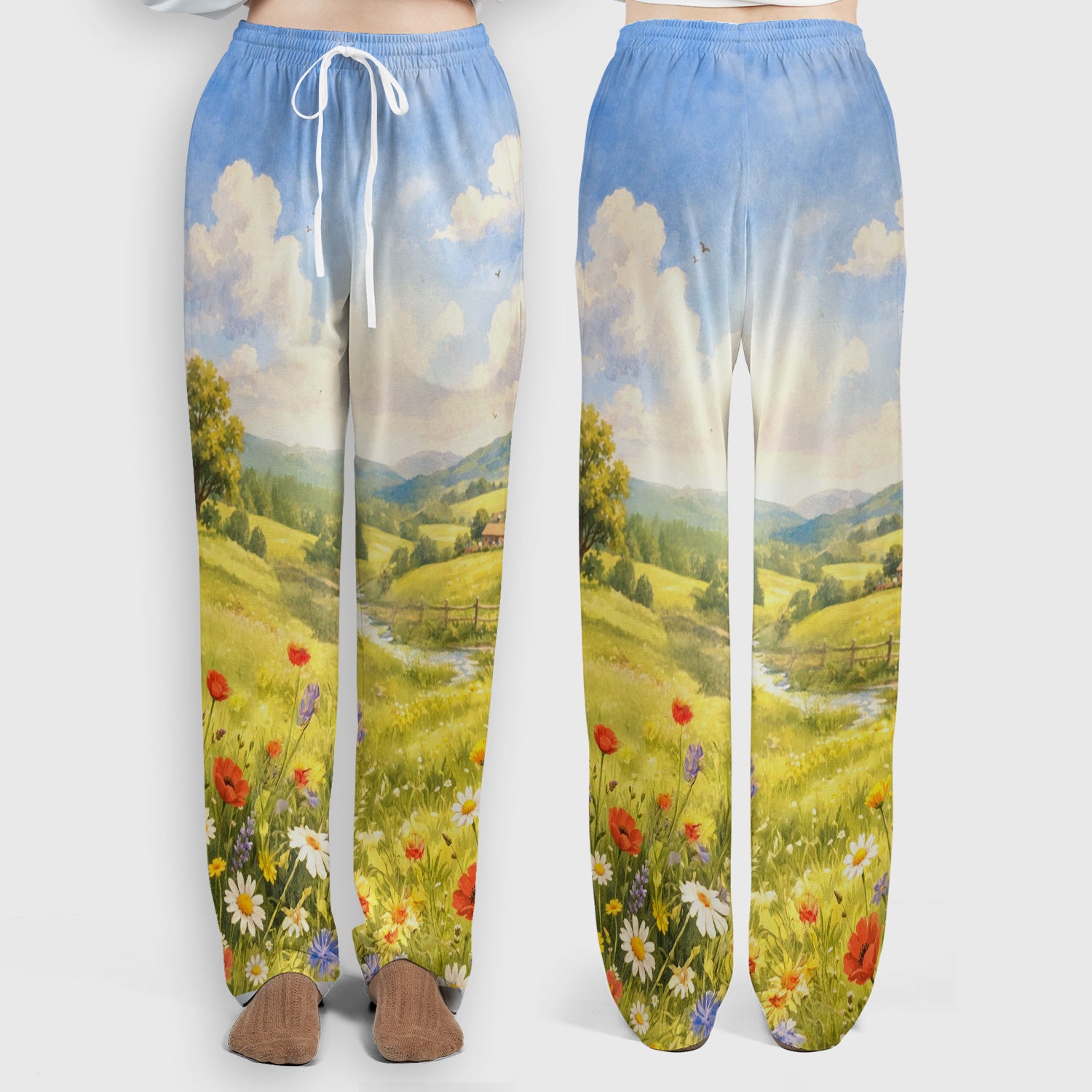 Cute Cow Wearing Boots Meadow Scene Pattern Scrub Set, Scrub Pants and V Neck Top