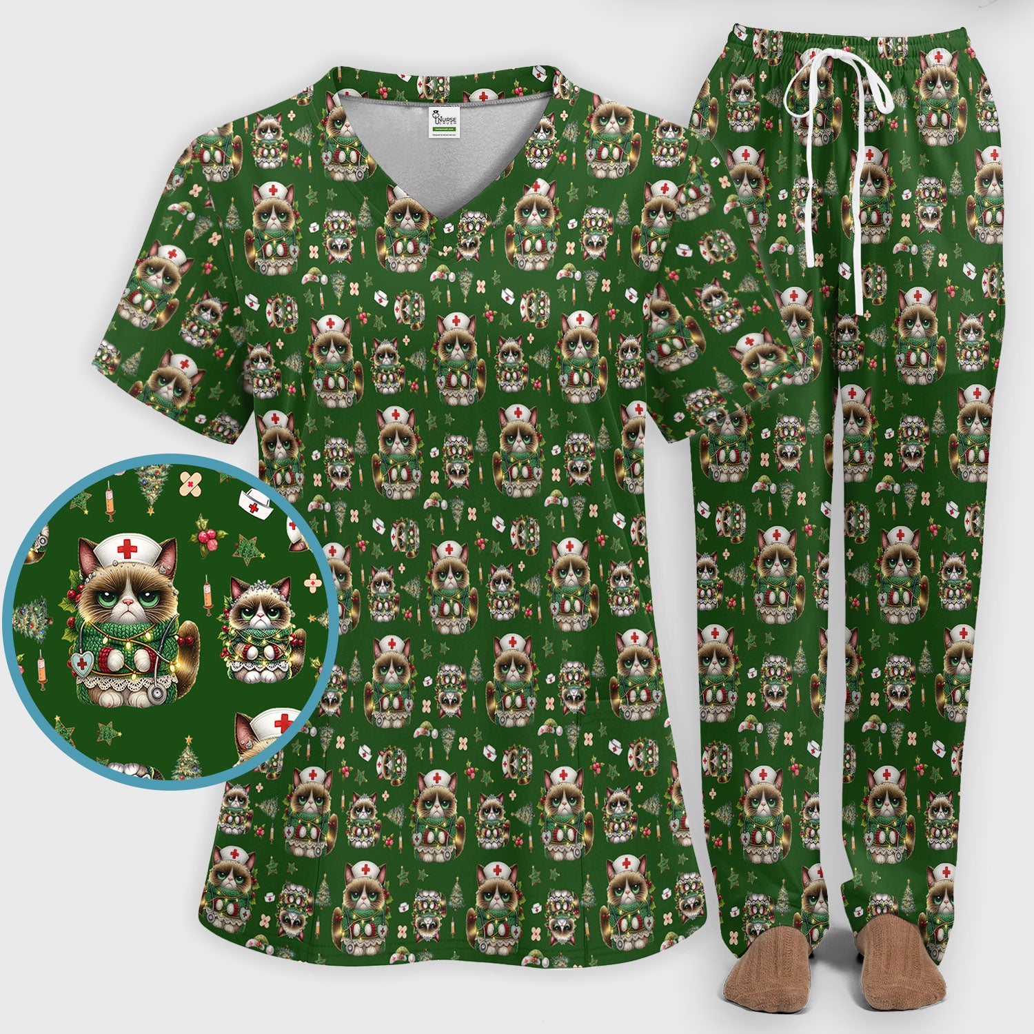 Christmas Nurse Scrub Set - Funny Cat Nursing Scrubs Pants and V Neck Top - Cute Holiday Medical Uniform for Women RN LPN CNA