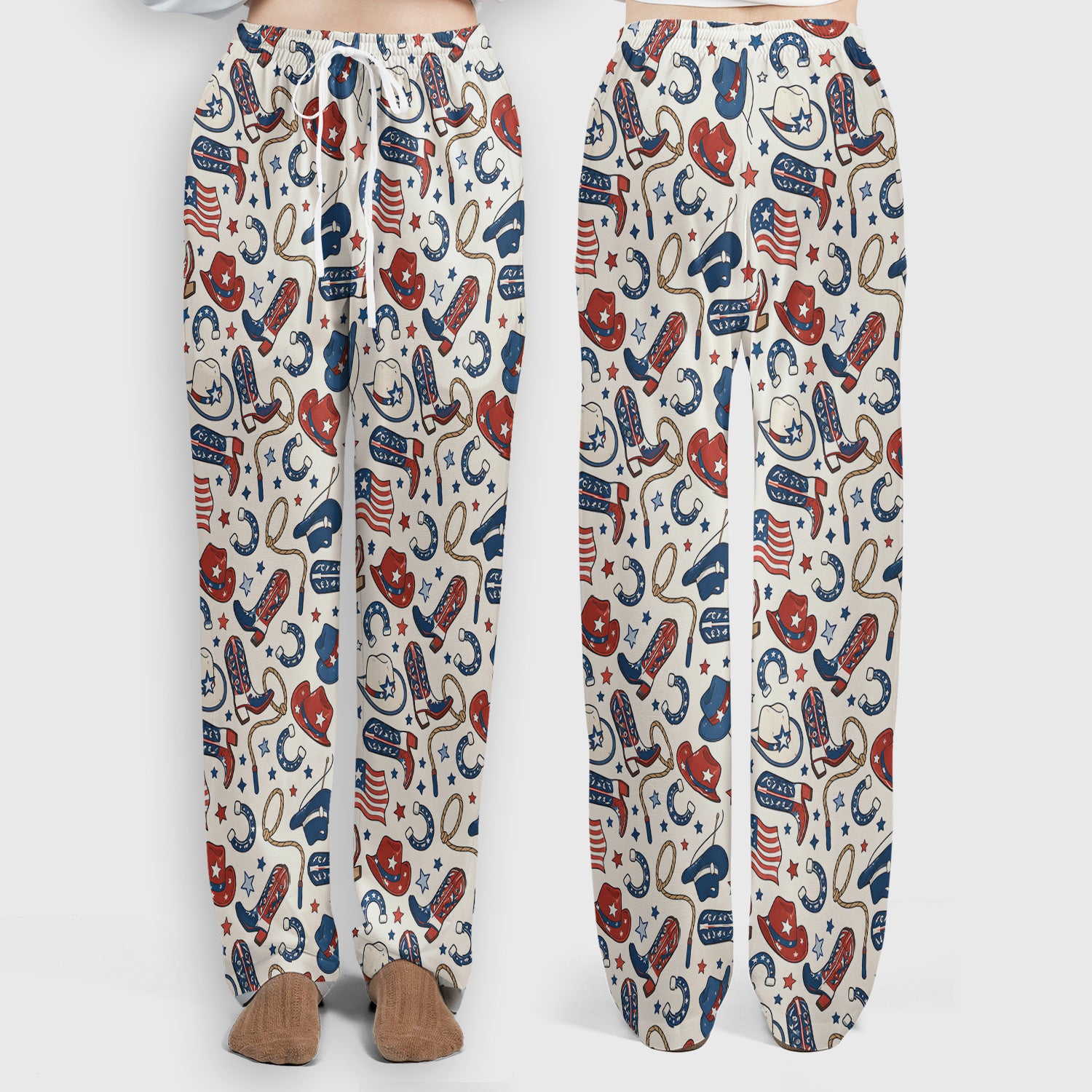 Patriotic Cowboy Boots Horseshoe Pattern Scrub Set, Scrub Pants and V Neck Top