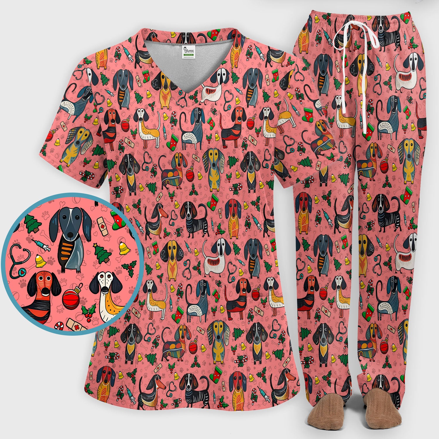 Dachshund Christmas Scrub Set - Cute Wiener Dog Pants and V Neck Top - Holiday Medical Uniform
