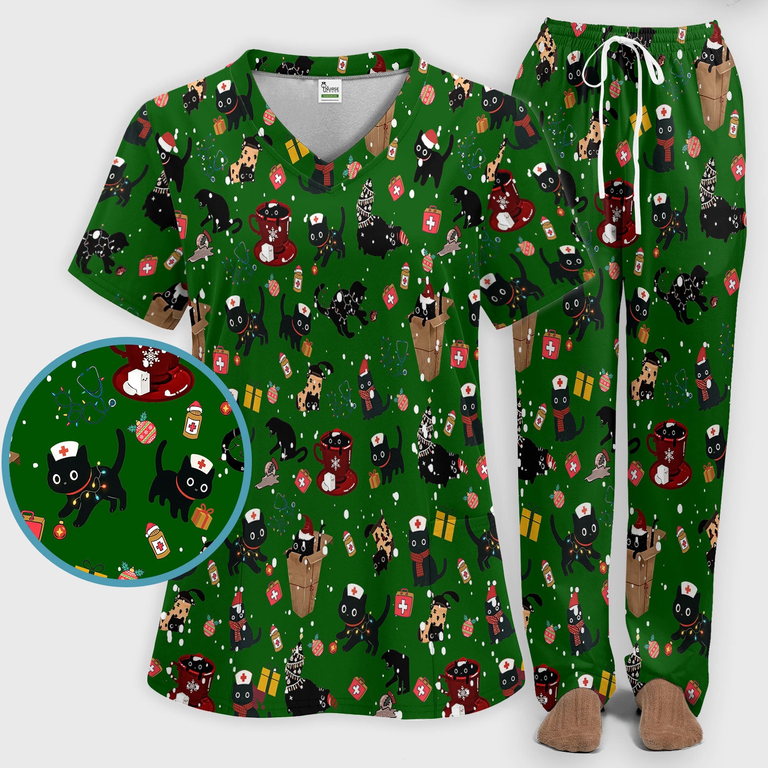 Christmas Cat Scrub Set for Nurse - Funny Black Cats Scrubs Pants and V Neck Top - Cute Holiday Medical Uniform for Women