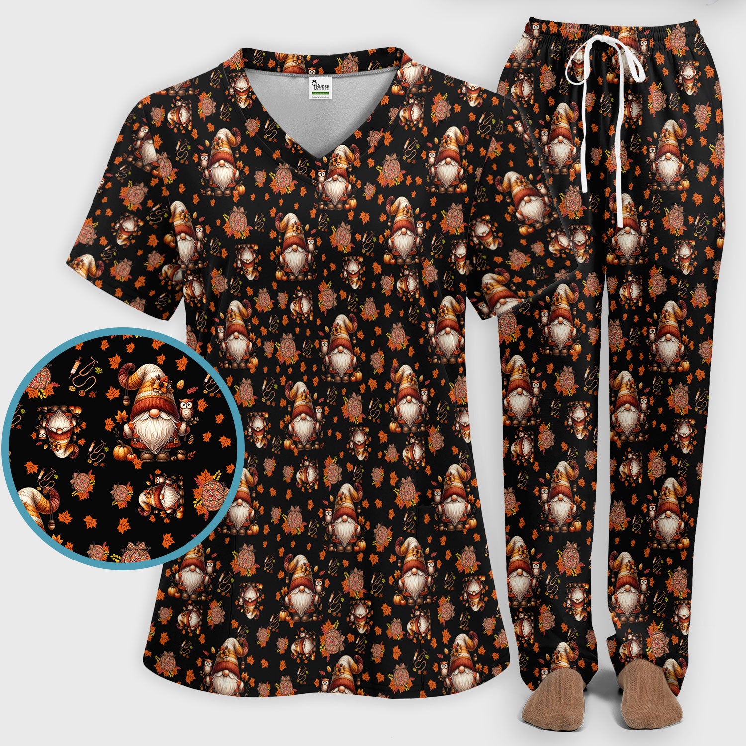 Fall Gnome Women's Scrub Sets - Autumn Leaves Pumpkin Scrub Pants and V Neck Top - Thanksgiving Nursing Uniform