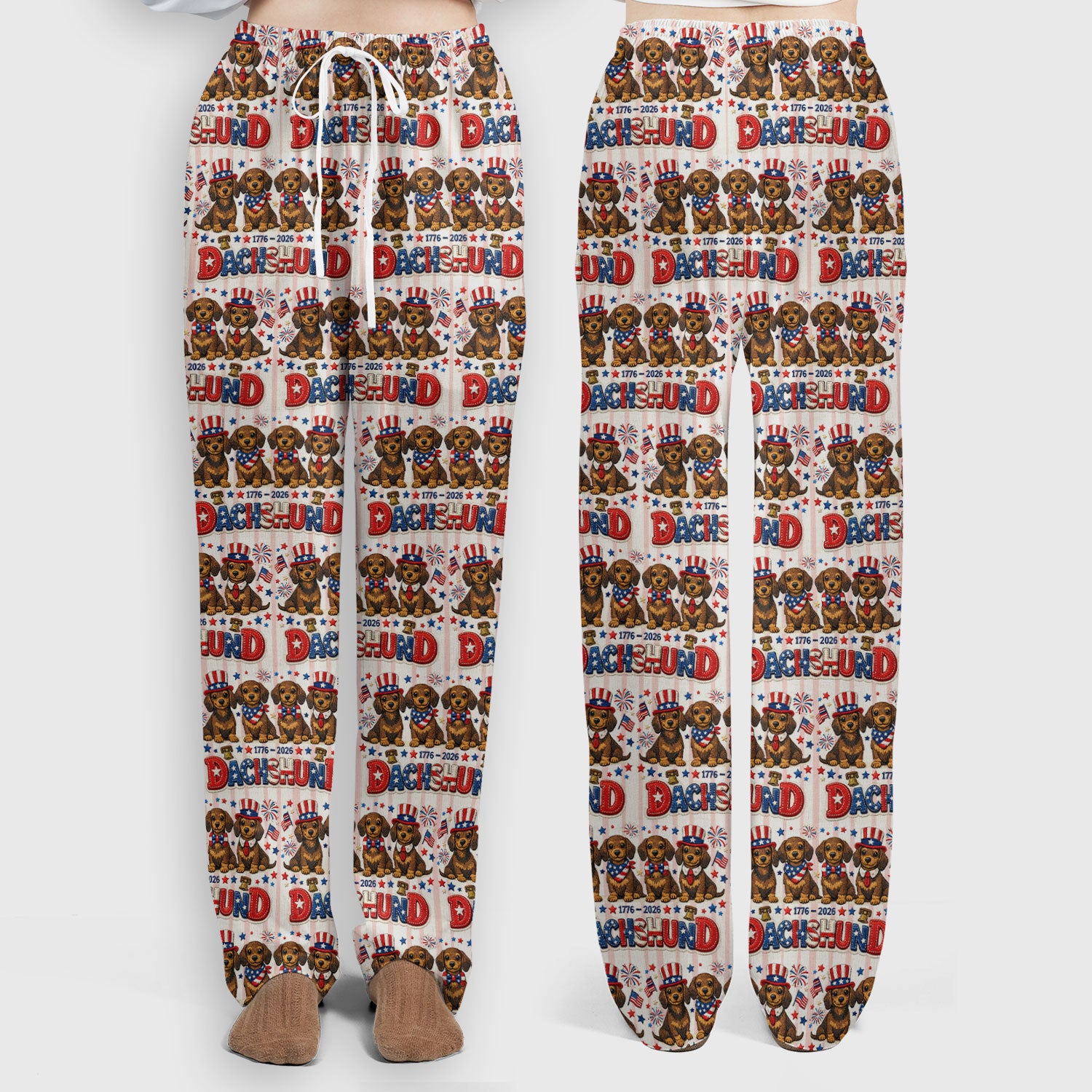 Patriotic Dachshund Fireworks Pattern Scrub Set, Scrub Pants and V Neck Top