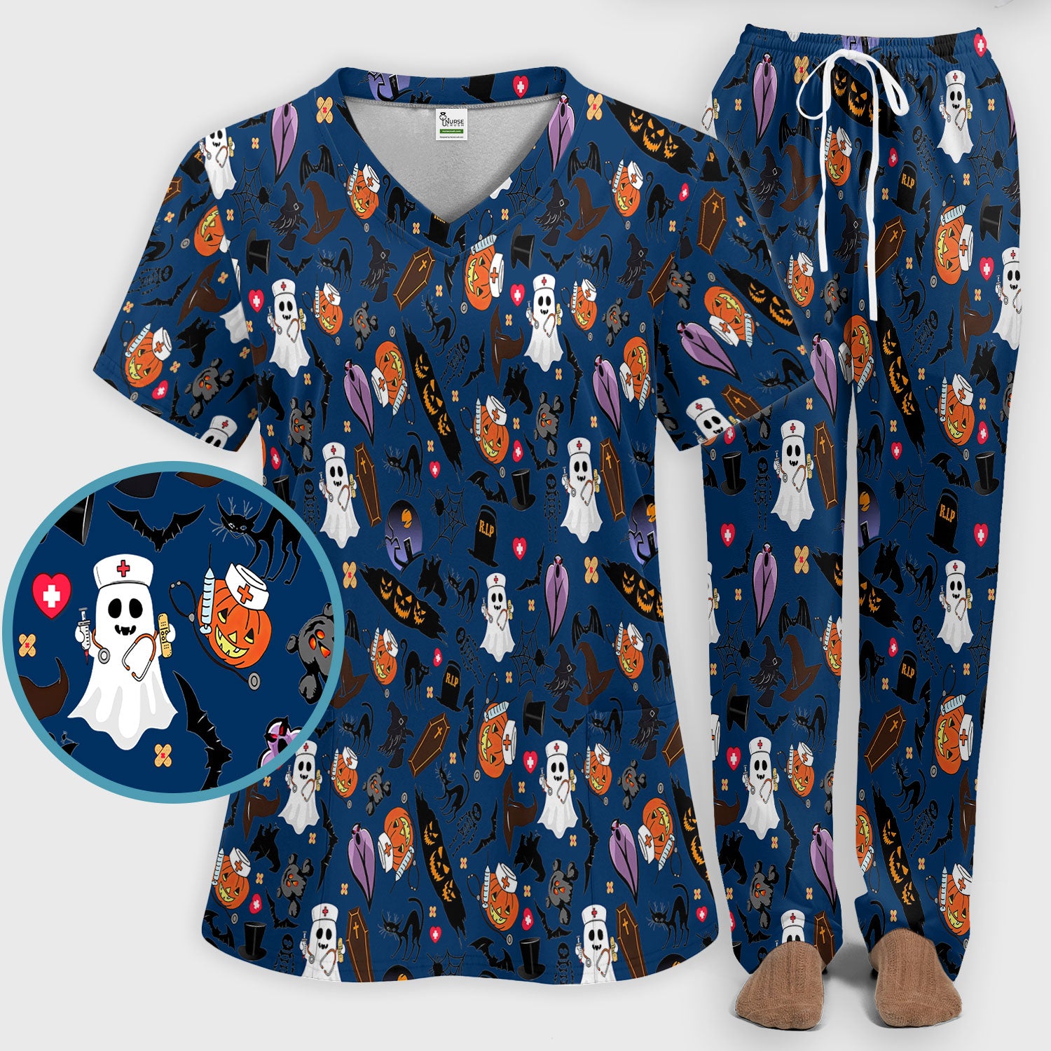Spooky Halloween Scrub Set - Pumpkin Ghost Bat Nurse Scrubs Pants and V Neck Top - Wicked Witch Medical Uniform for RN CNA LPN