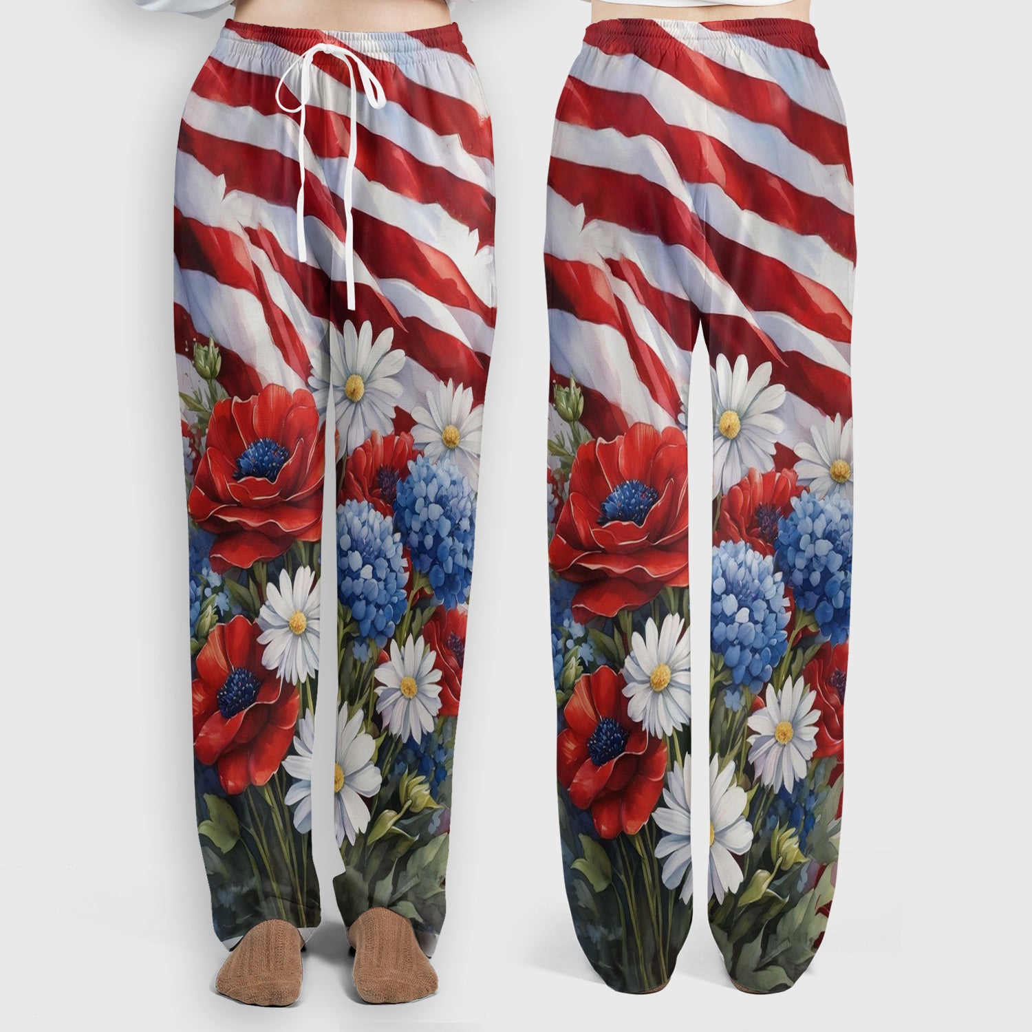 Festive US Flag Floral Bouquet Pattern Scrub Set, Scrub Pants and V Neck Top