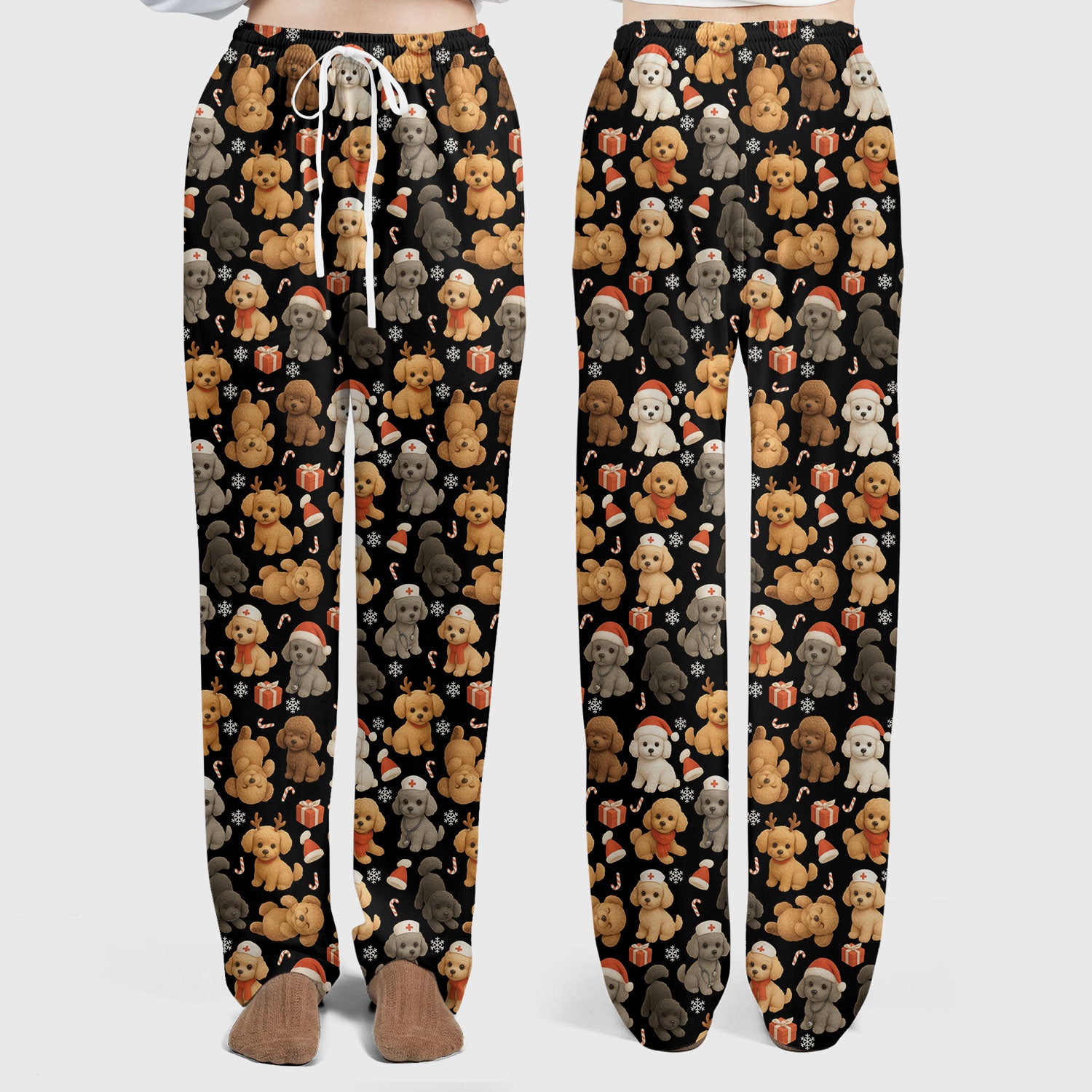 Christmas Poodle Scrubs Set for Women - Cute Dog Pattern Scrub Top & Pants - Festive Holiday Christmas Scrubs with Adorable Poodle Design