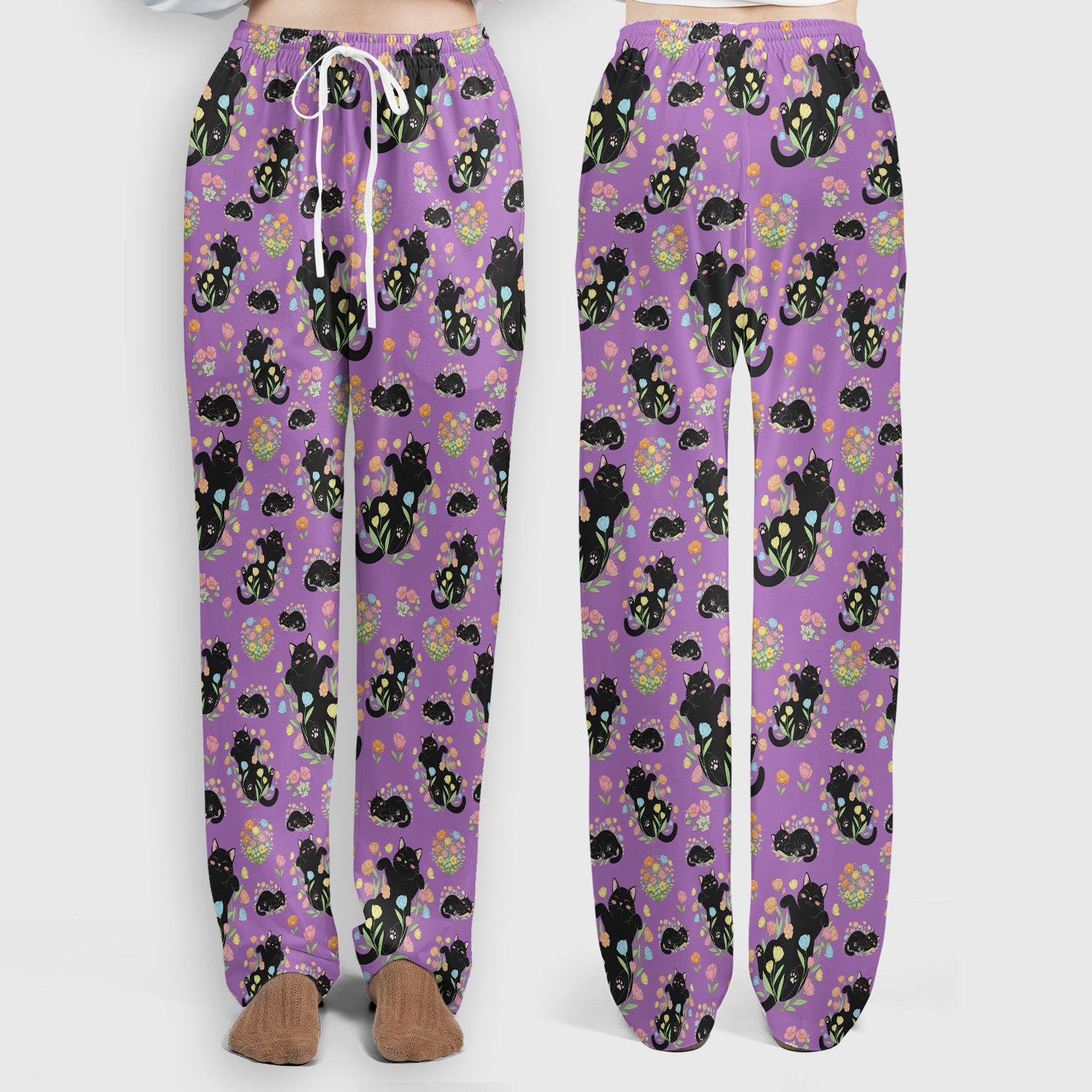 Cats With Cute Poses Floral Pattern Scrubs Sets, Scrub Pants and V Neck Top