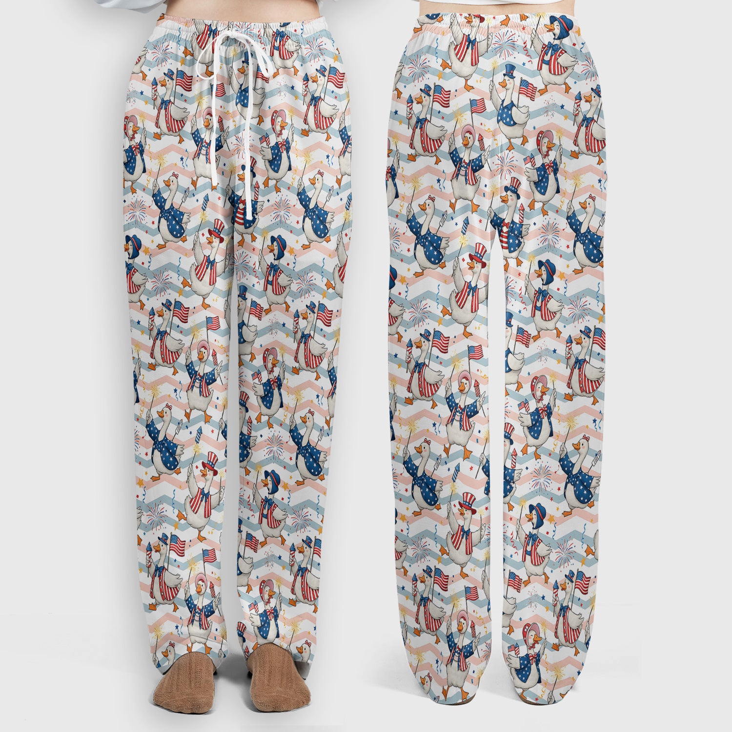 Patriotic Goose Fireworks Parade Pattern Scrub Set, Scrub Pants and V Neck Top