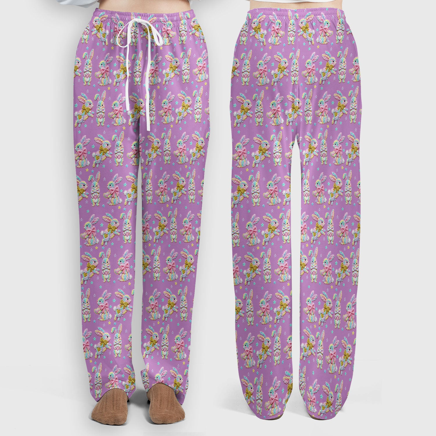 Cartoon Bunny All Over Print Set, Scrub Pants and V Neck Top