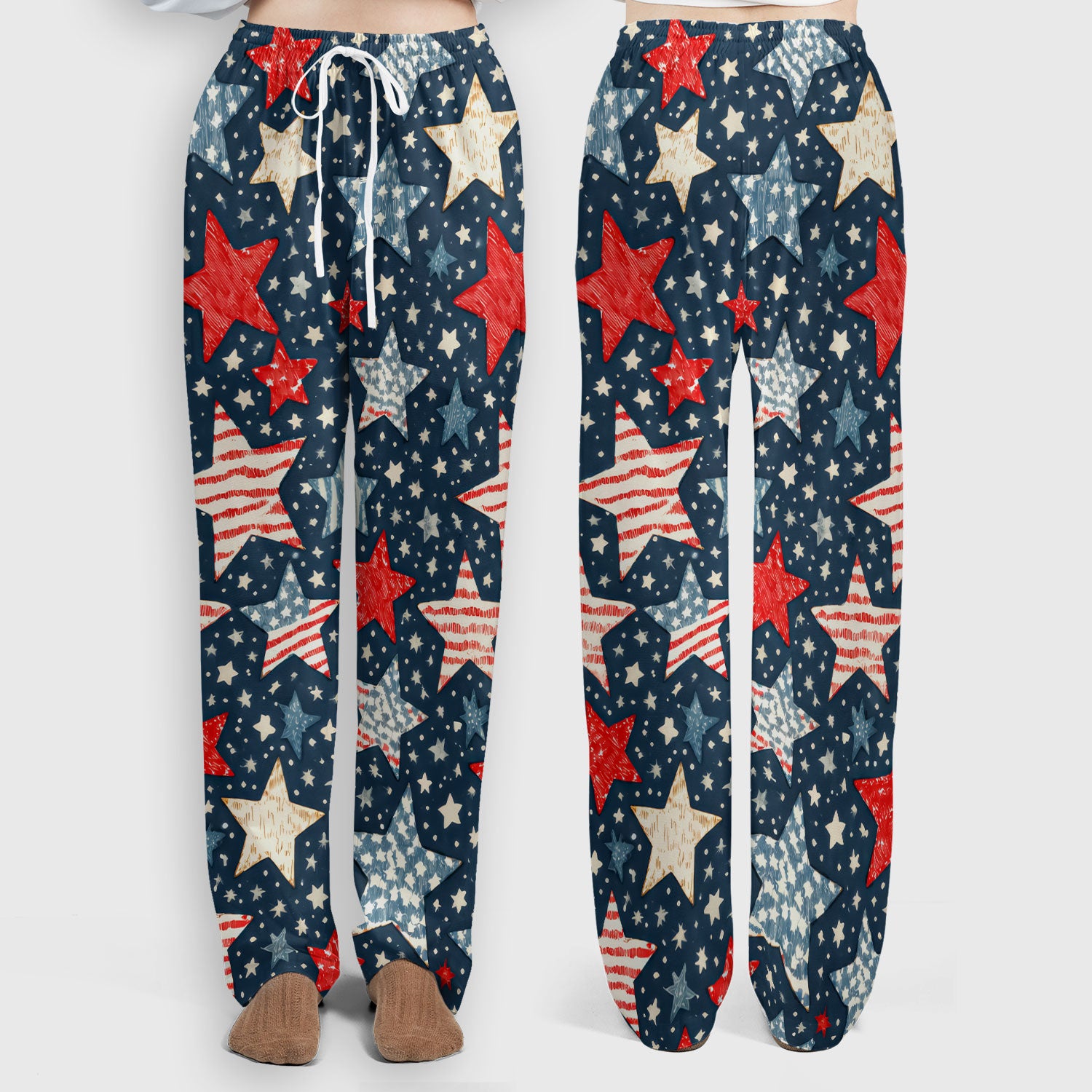 Patriotic Star Pattern Women's Scrub Set, Scrub Pants and V Neck Top