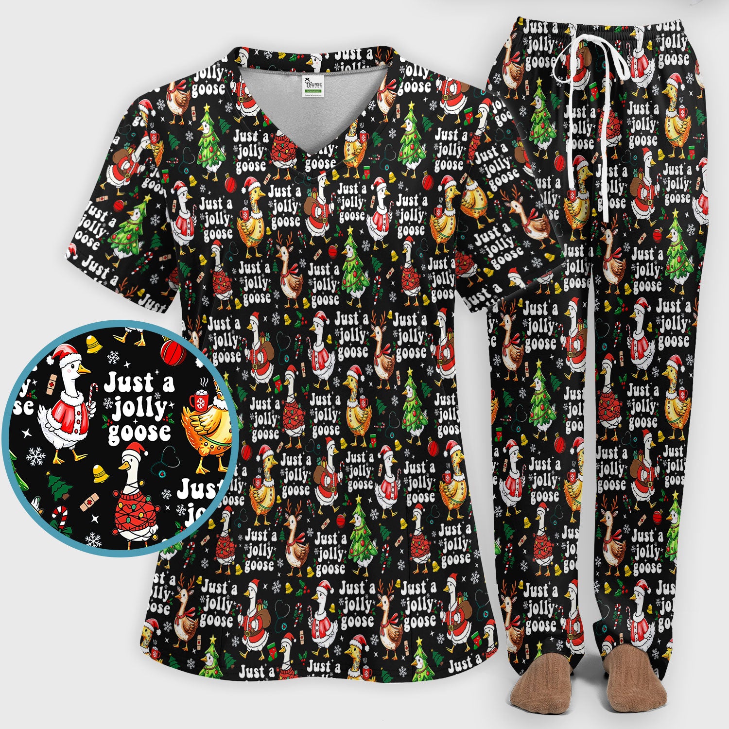 Just a Jolly Goose Funny Christmas Scrub Set - Holiday Medical Uniform for Nurse - Santa Goose Pants and Top
