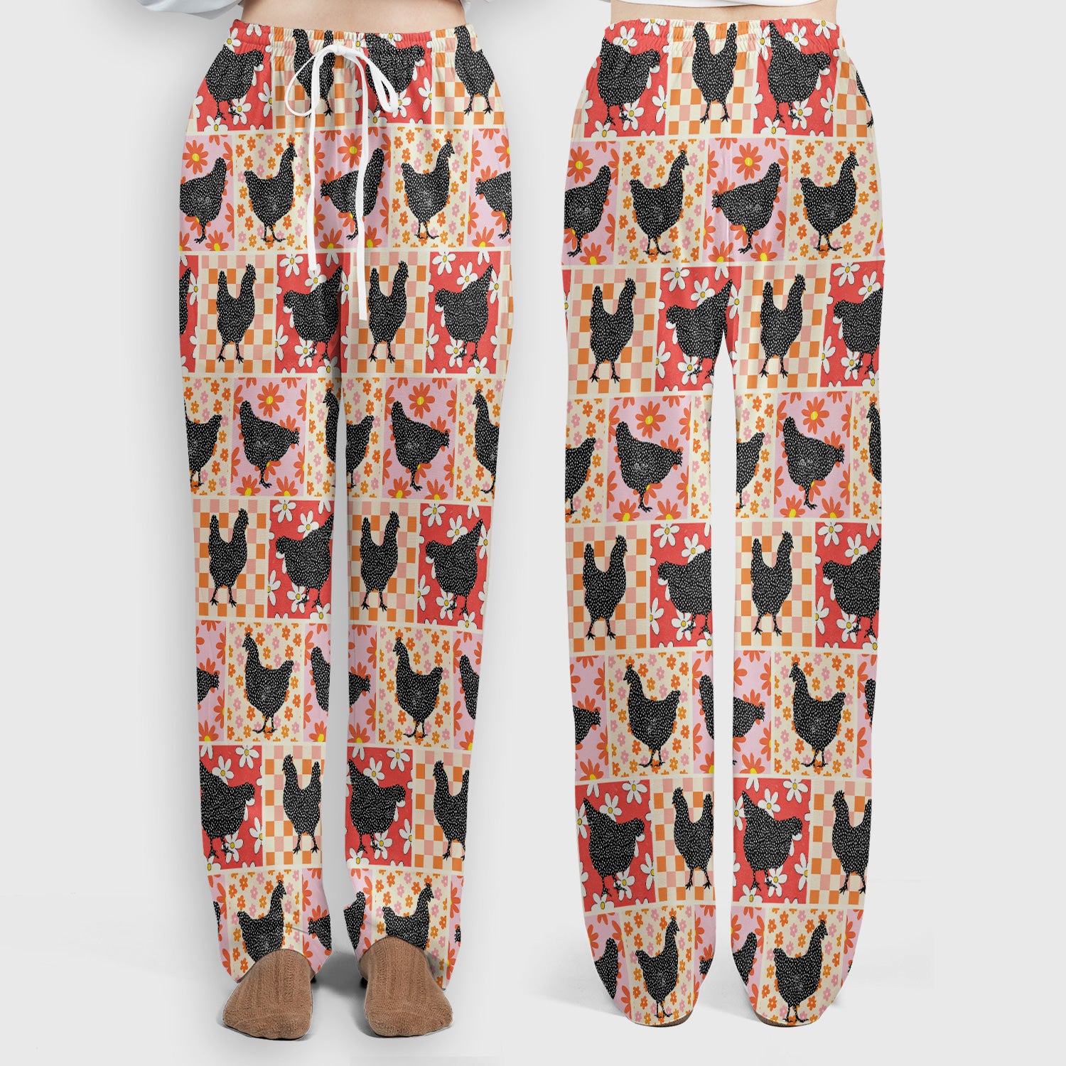 Charming Chicken Patchwork Floral Pattern Scrub Set, Scrub Pants and V Neck Top