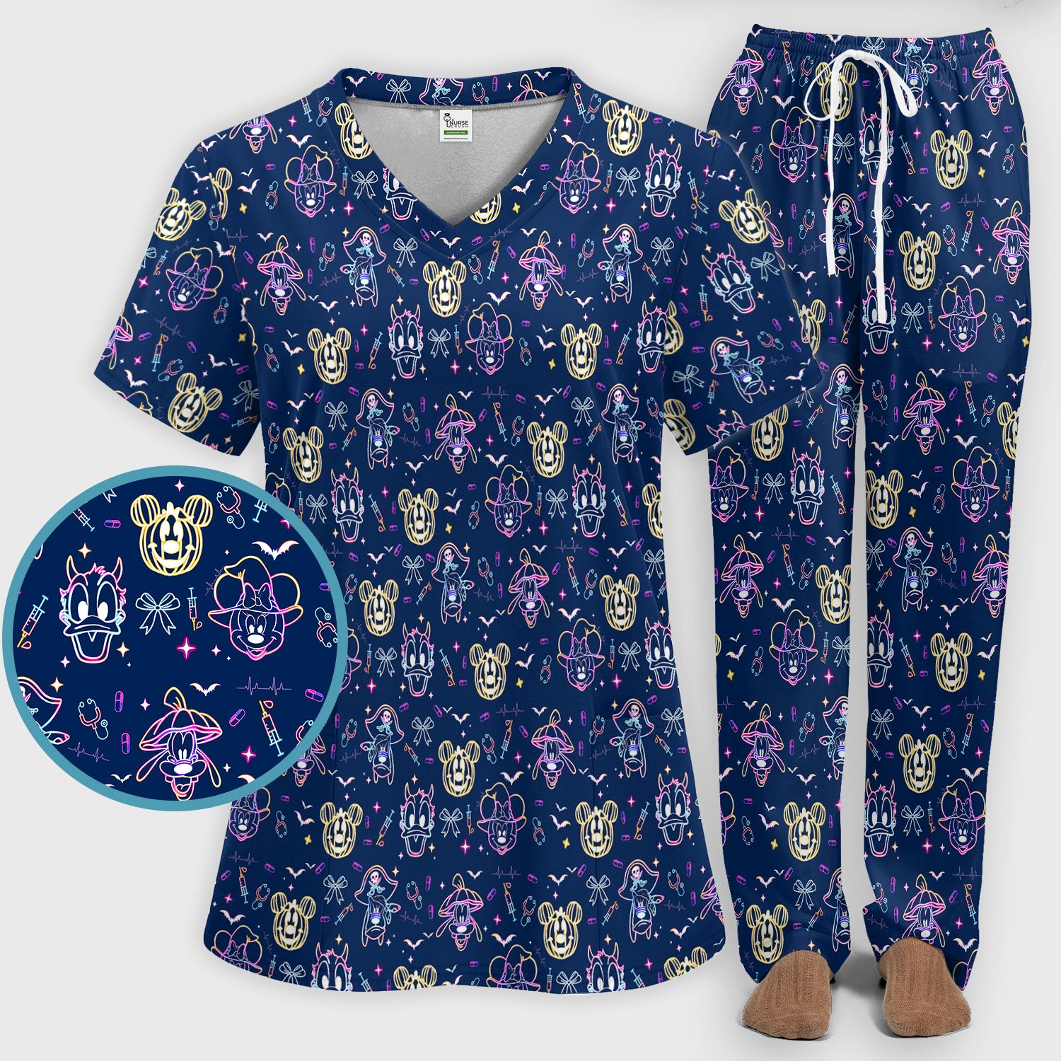 Neon Mouse Halloween Scrub Set for Nurses - Spooky Faces and Scary Pumpkin Scrub Pants and V Neck Shirt - Funny Med Uniform