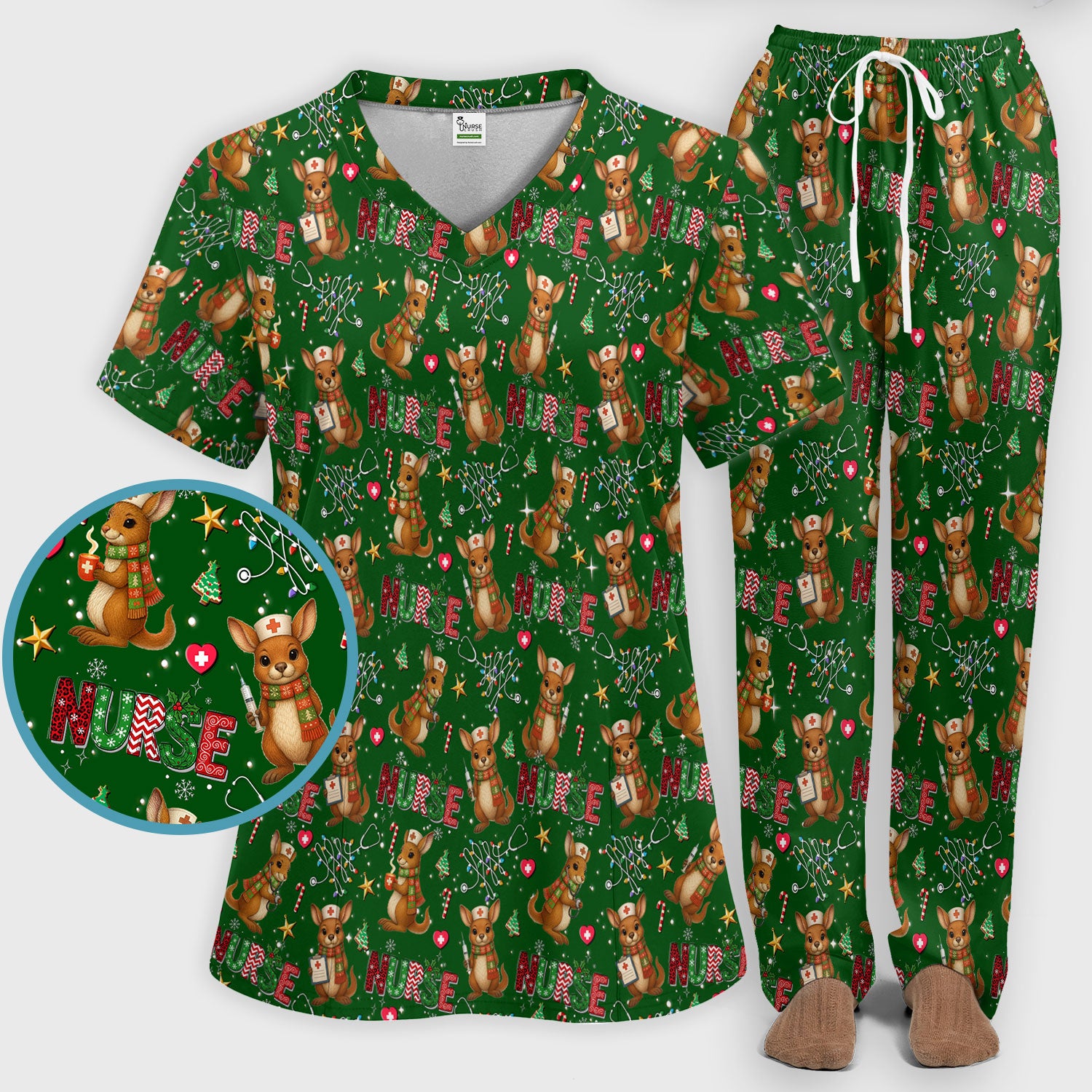 Christmas Kangaroo Nurse Scrub Set - Cute Aussie Holiday Medical Uniform - Funny Xmas Gift for Women