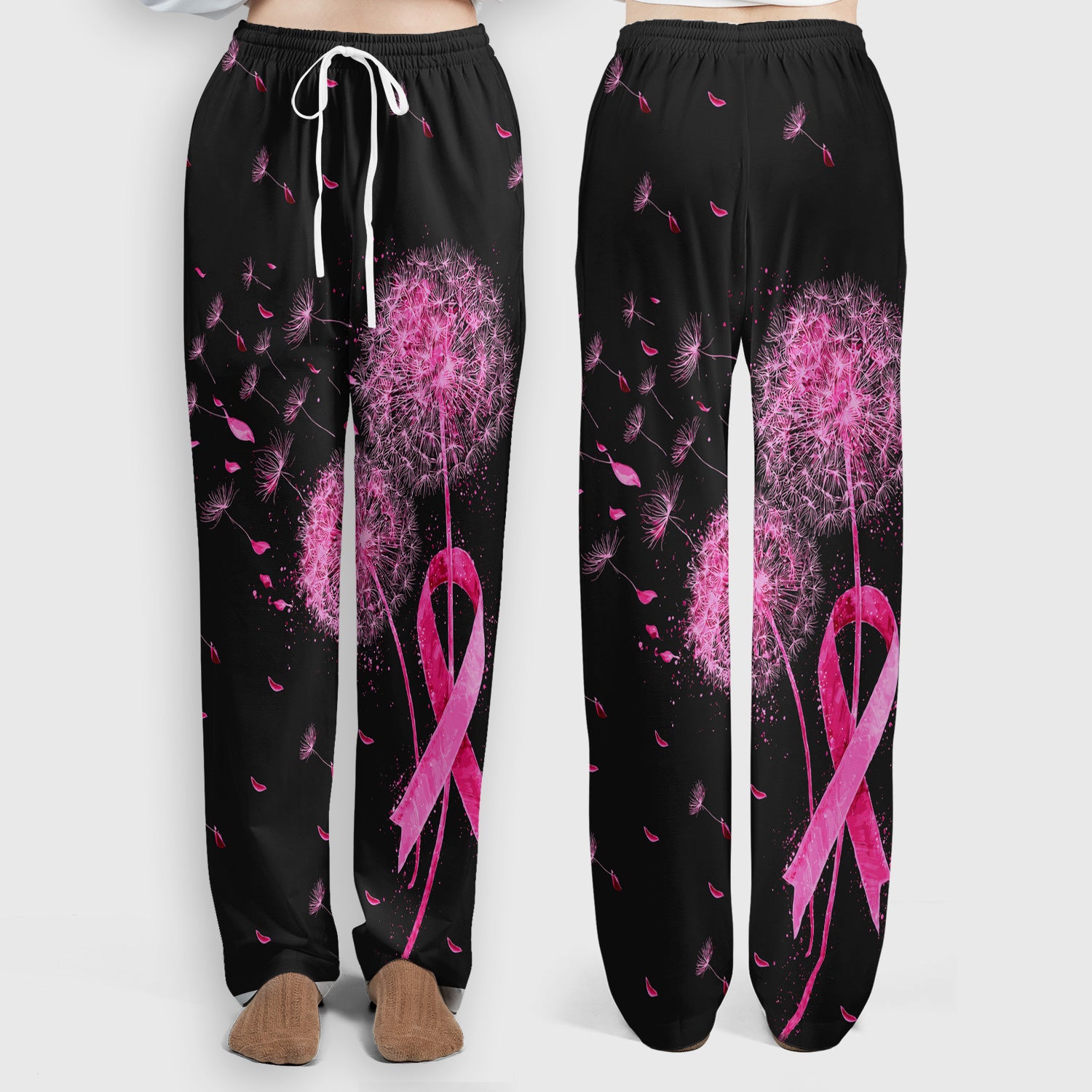 Meaningful Pink Ribbon Dandelion Scrub Set, Scrub Pants and V Neck Top