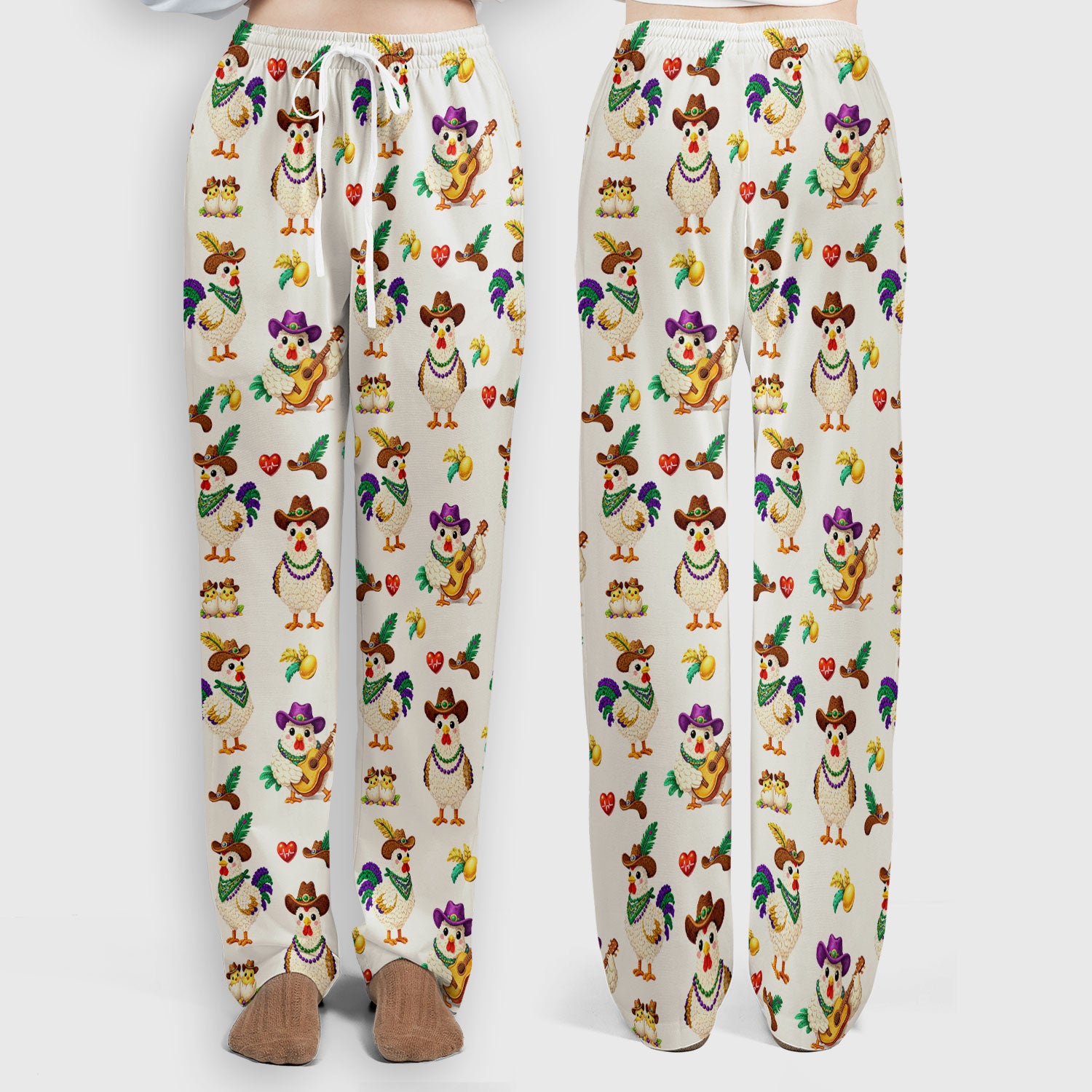 Funny Mardi Gras Rooster Cowboy Print Set, Women's Scrub Sets