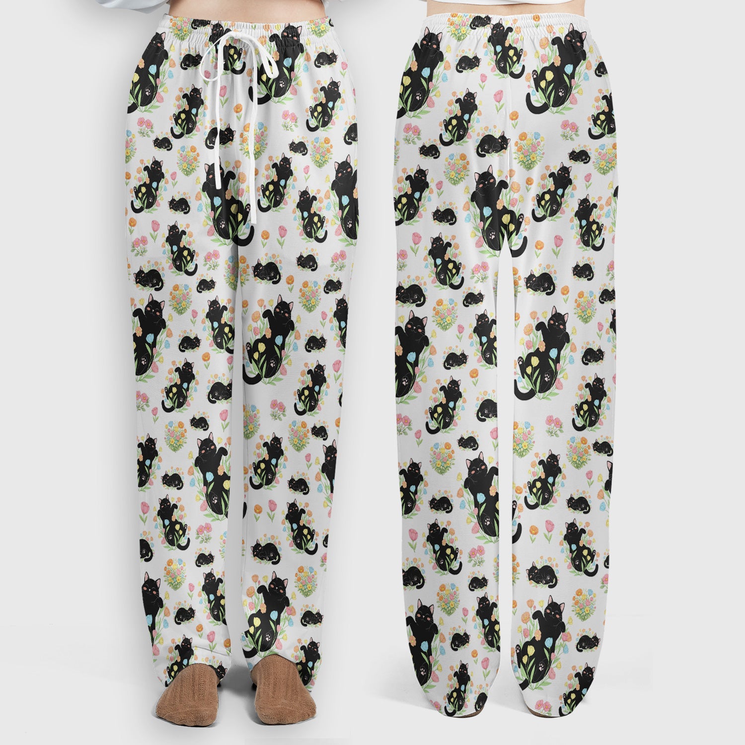 Cats With Cute Poses Floral Pattern Scrubs Sets, Scrub Pants and V Neck Top
