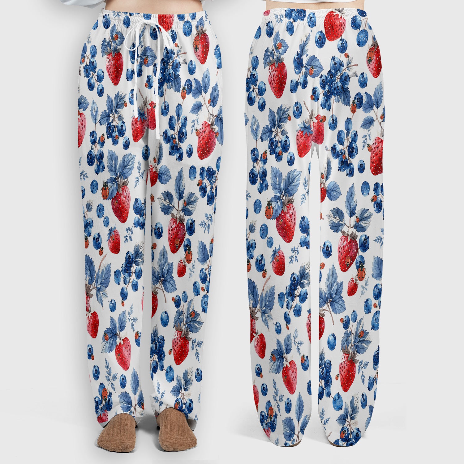 Cute Strawberry Blueberry Ladybug Pattern Scrub Set, Scrub Pants and V Neck Top