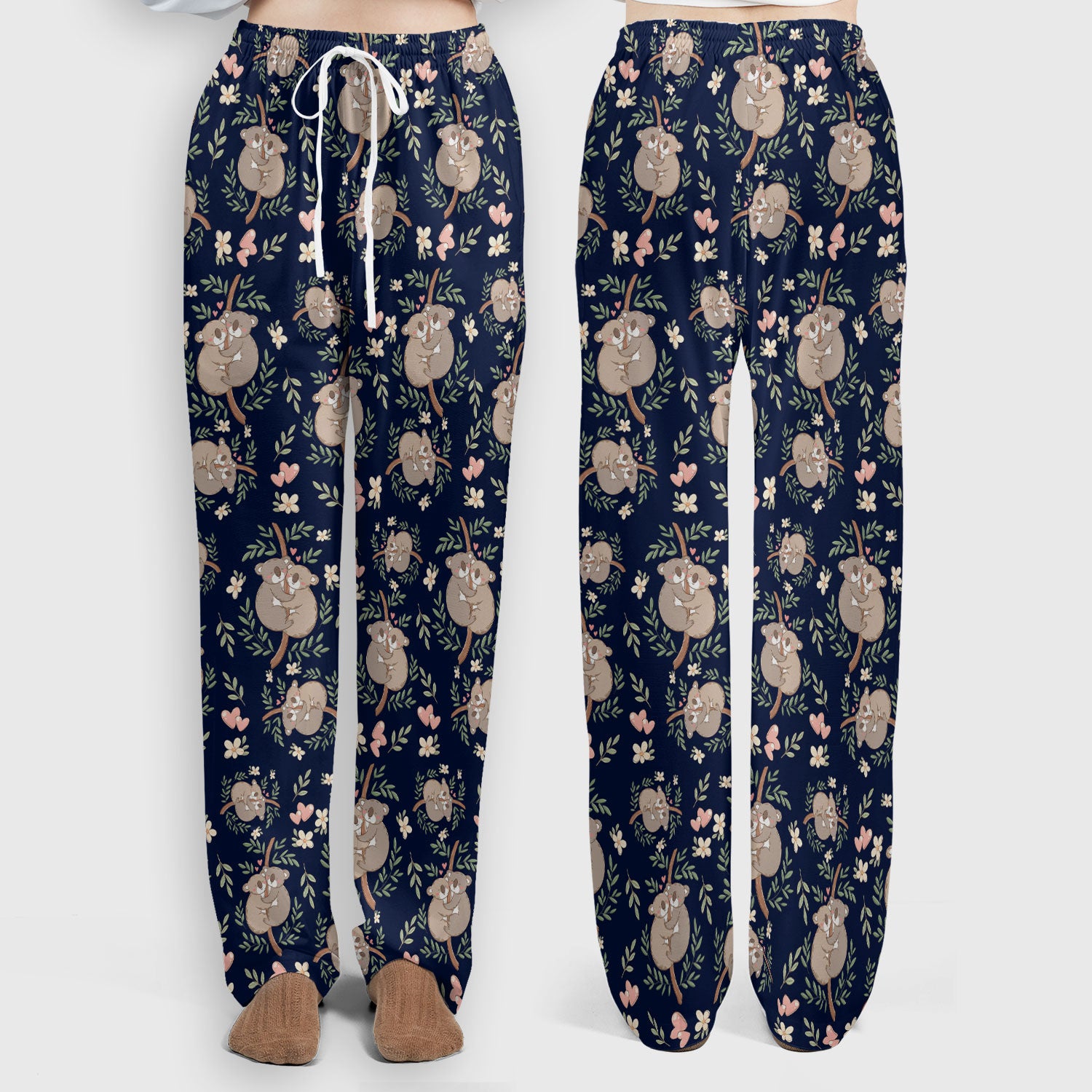 Cute Koala Couple Floral Medical Print Scrub Set, Women's Scrub Sets