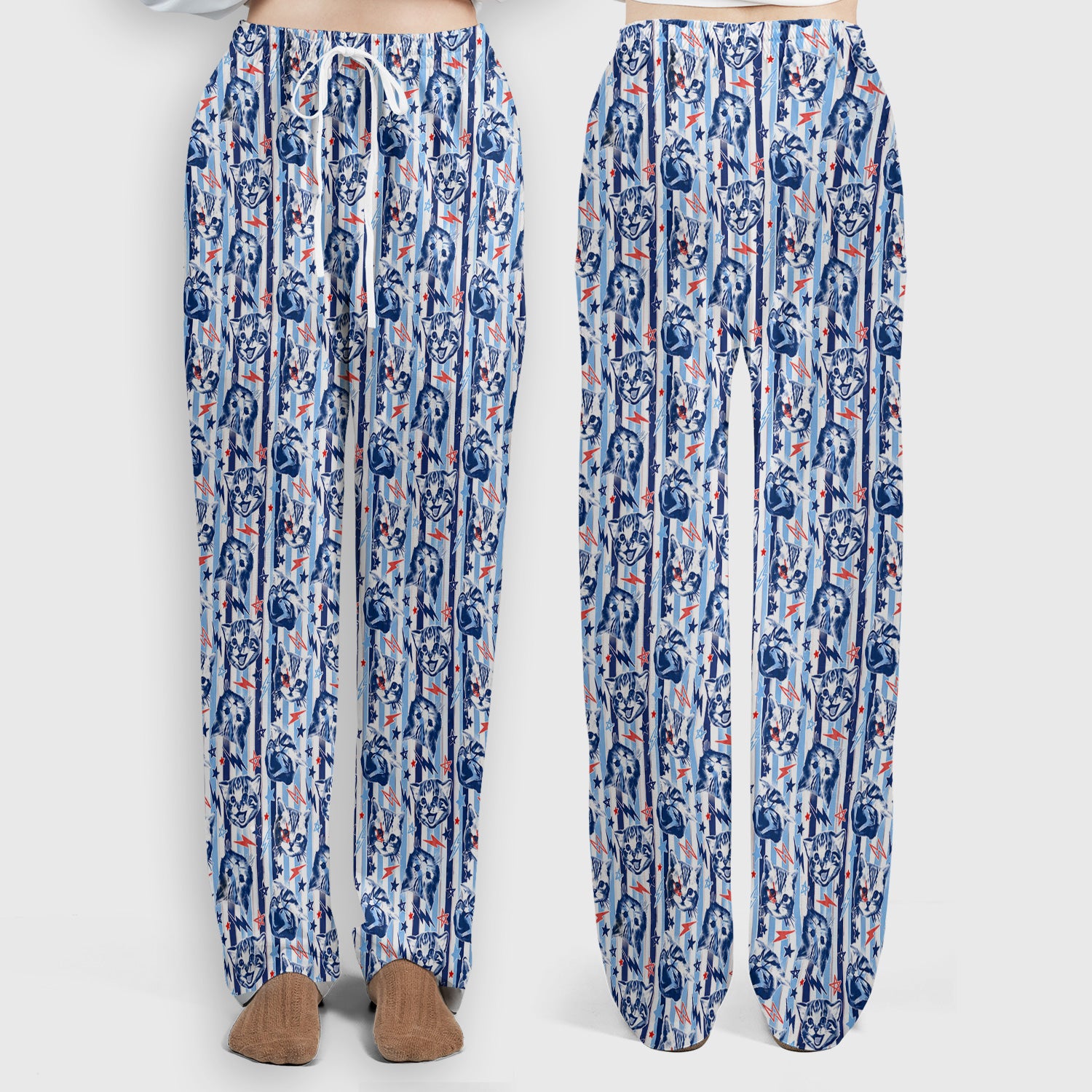 Cute Cat Faces With Lightning Print Scrub Set, Scrub Pants and V Neck Top