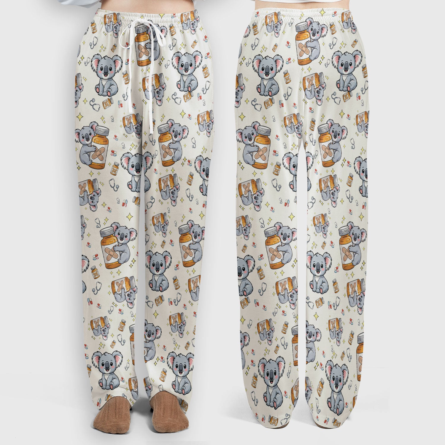 Cute Koala Nurse Bandage Medicine Print Scrub Set, Breathable Med Uniform