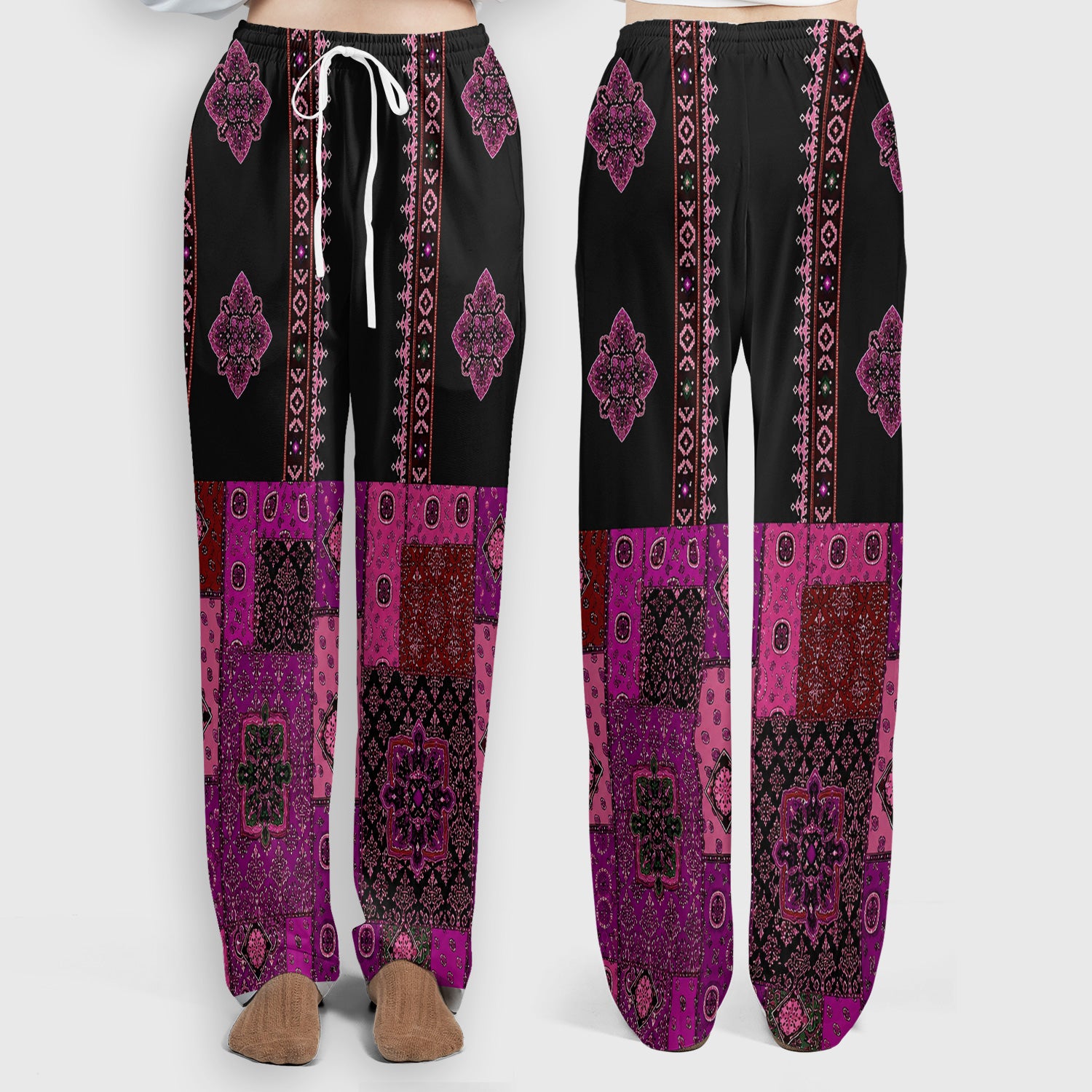 Boho Pink Bandana Patchwork Pattern Scrub Set, Scrub Pants and V Neck Top