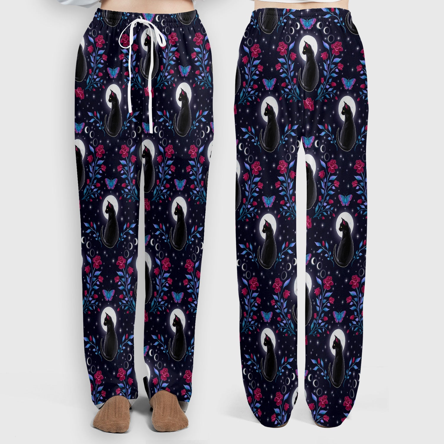 Black Cat Moon Rose Print Scrub Set, Scrub Pants and V Neck Top