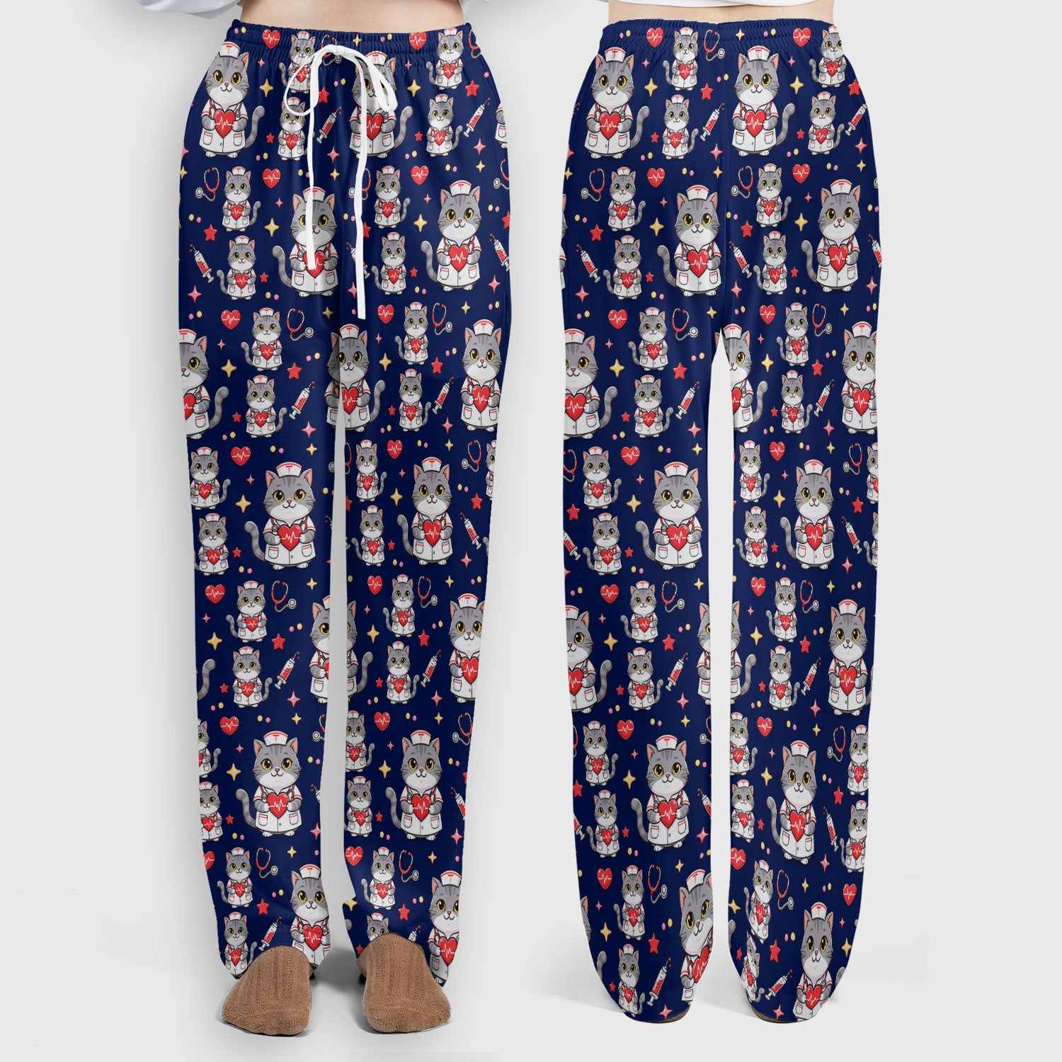 Cute Nurse Cat Heart Medical Print Scrub Set, Scrub Pants and V Neck Top
