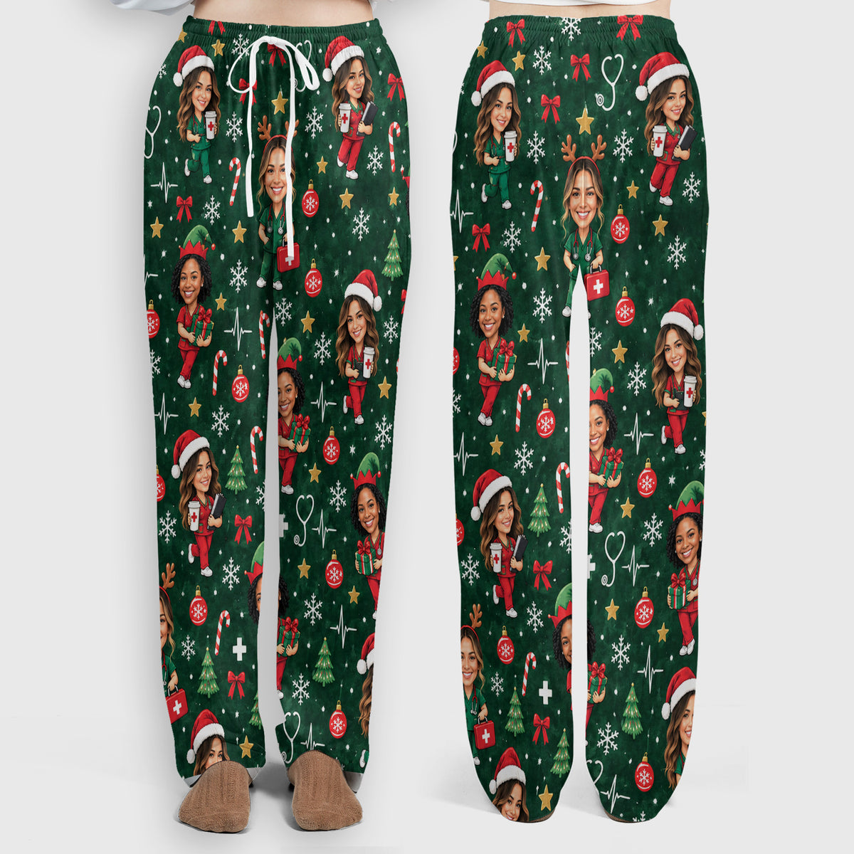 Personalized Christmas Nurse Photo And Name Scrub Set, Scrub Pants and V Neck Top