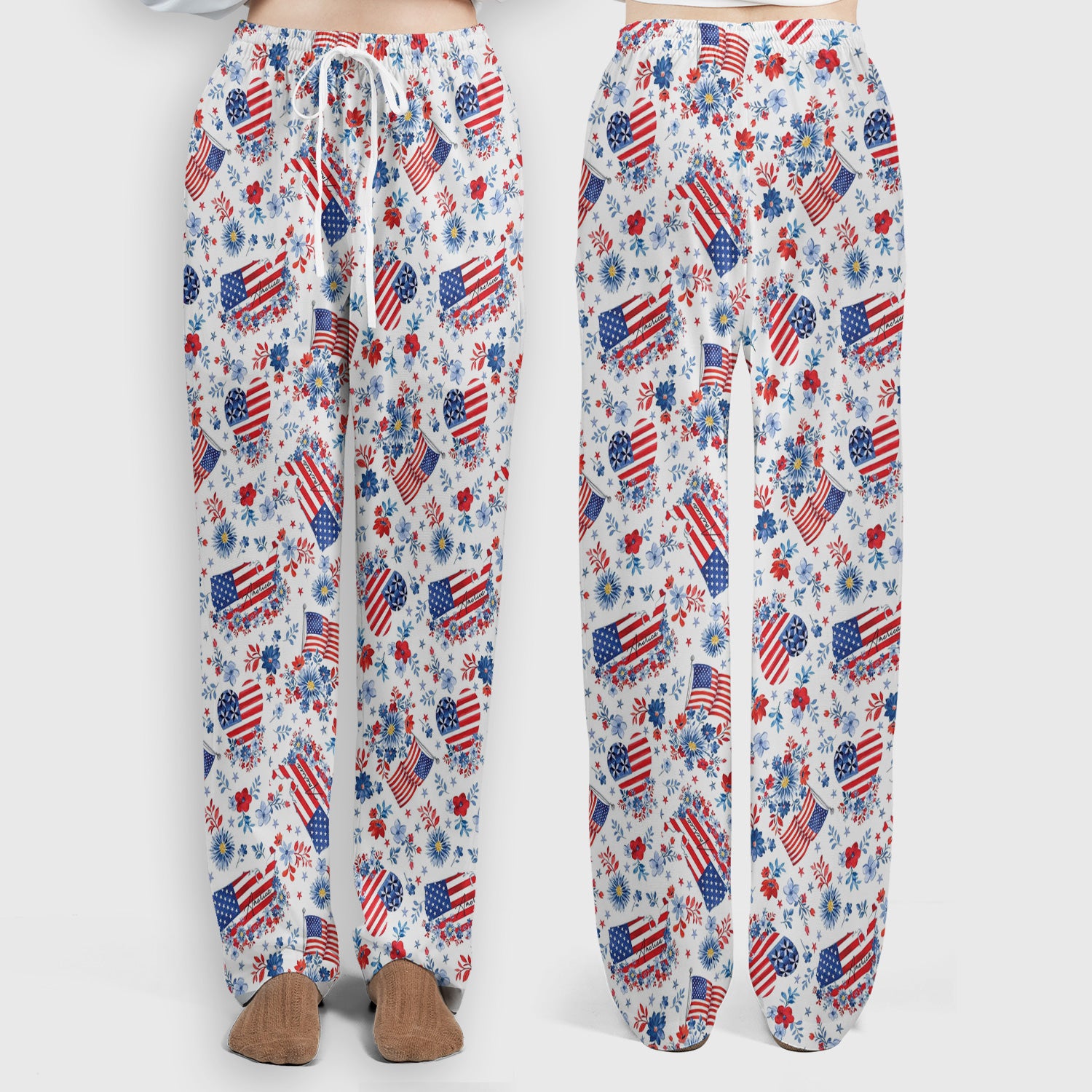 Festive American Flag Heart Floral Pattern Scrub Set, Scrub Pants and V Neck Top