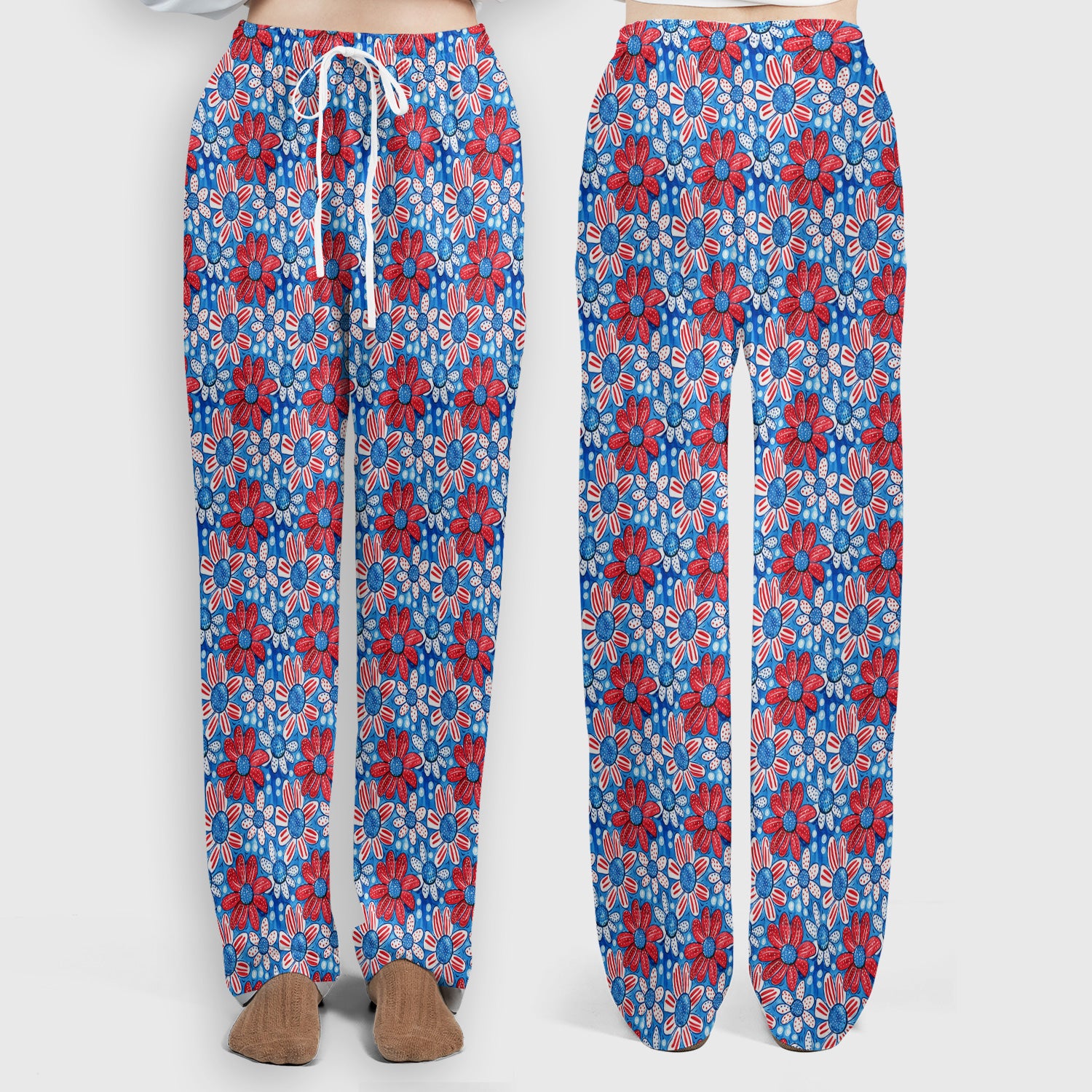 Cute Patriotic Daisy Blossom Repeat Pattern Scrub Set, Scrub Pants and V Neck Top
