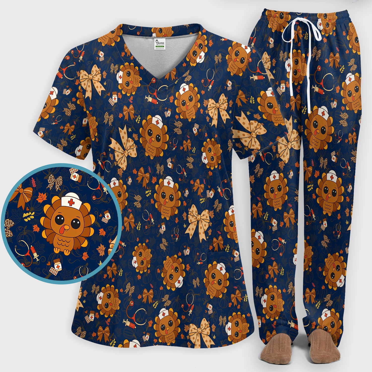 Thanksgiving Turkey Nurse Scrub Set for Women - Cute Fall Leaves and Bow Scrub Pants and V Neck Top - Autumn Medical Uniform