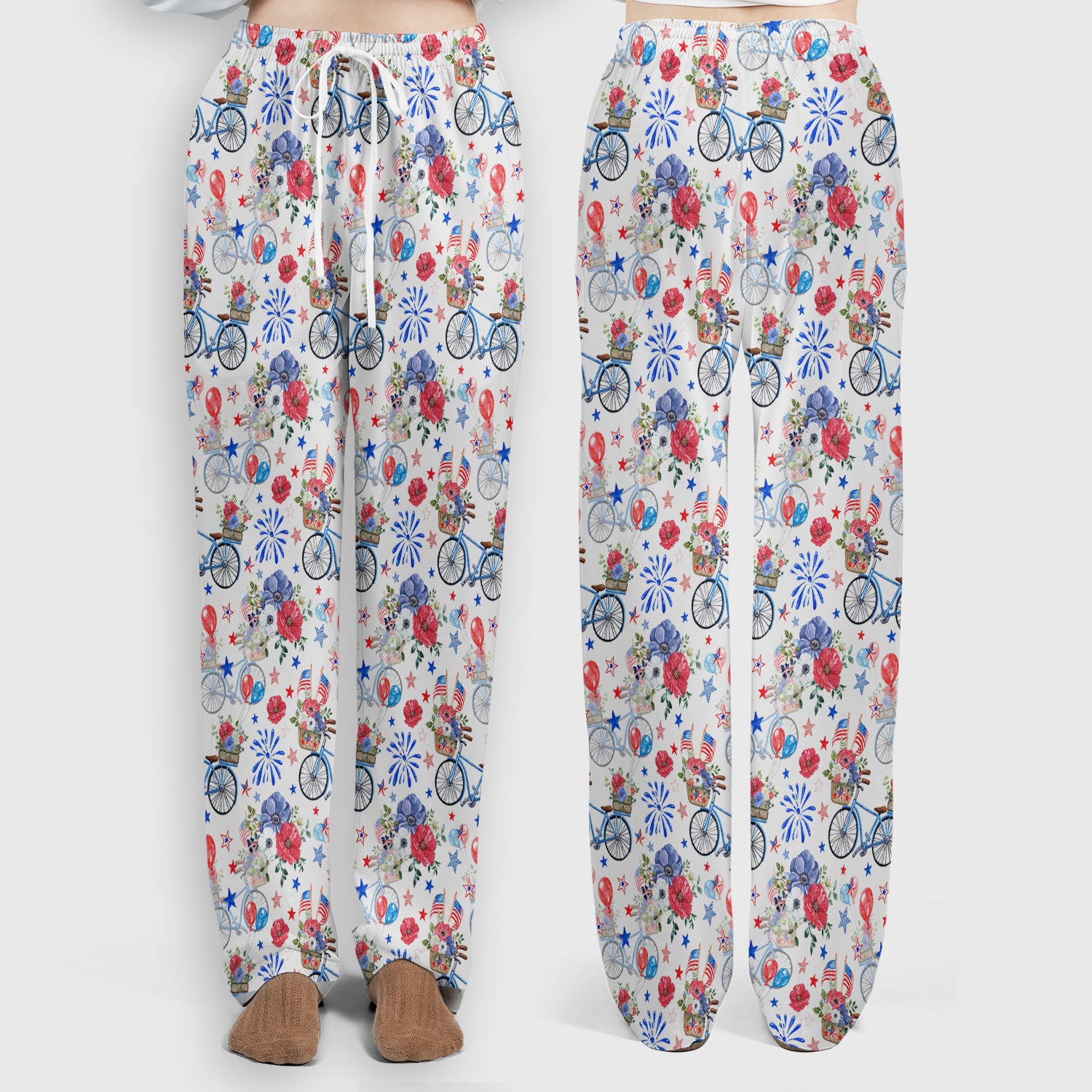 Patriotic Bicycle Floral Fireworks Print Scrub Set, Scrub Pants and V Neck Top