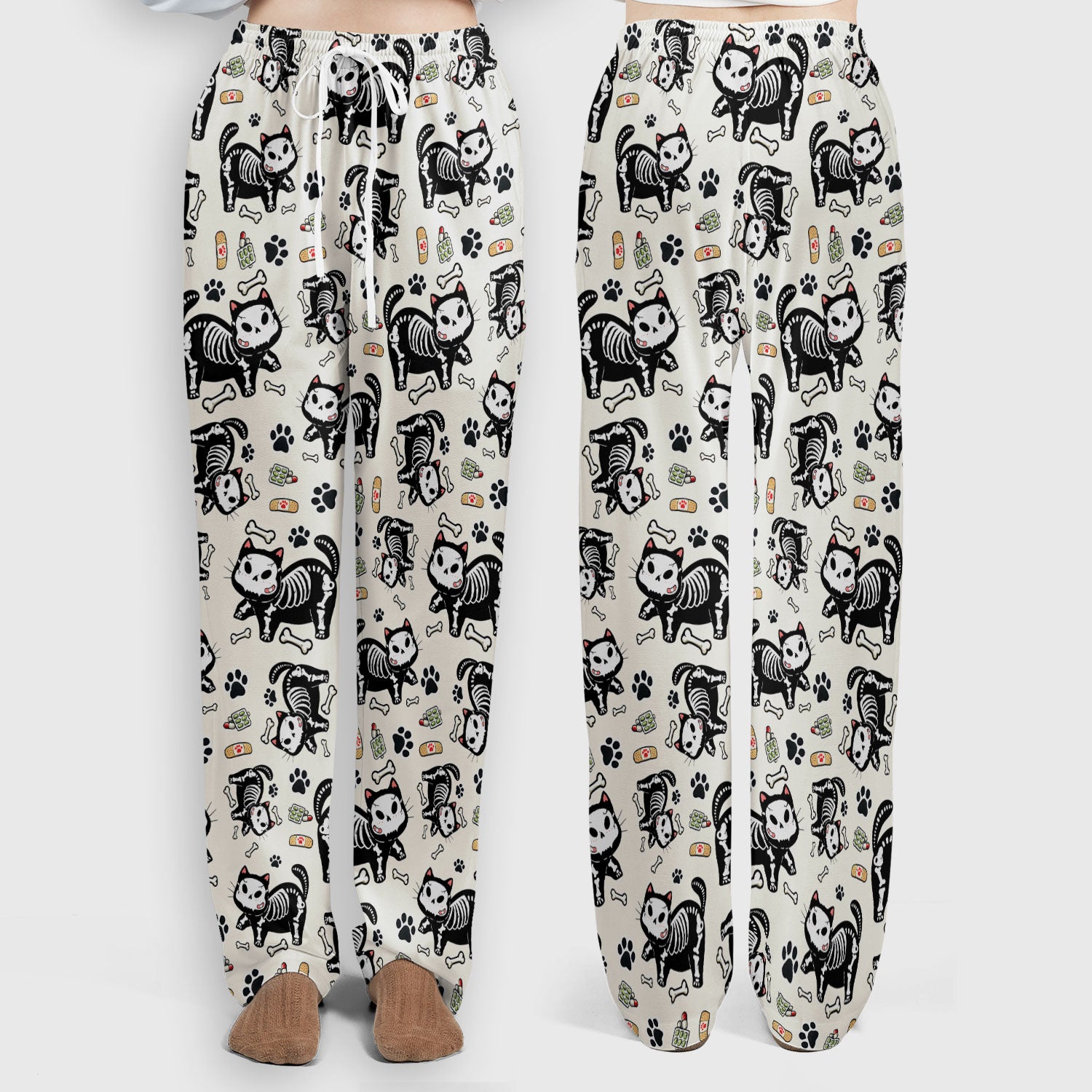 Skeleton Cat Medical Pattern Scrub Set, Scrub Pants and V Neck Top