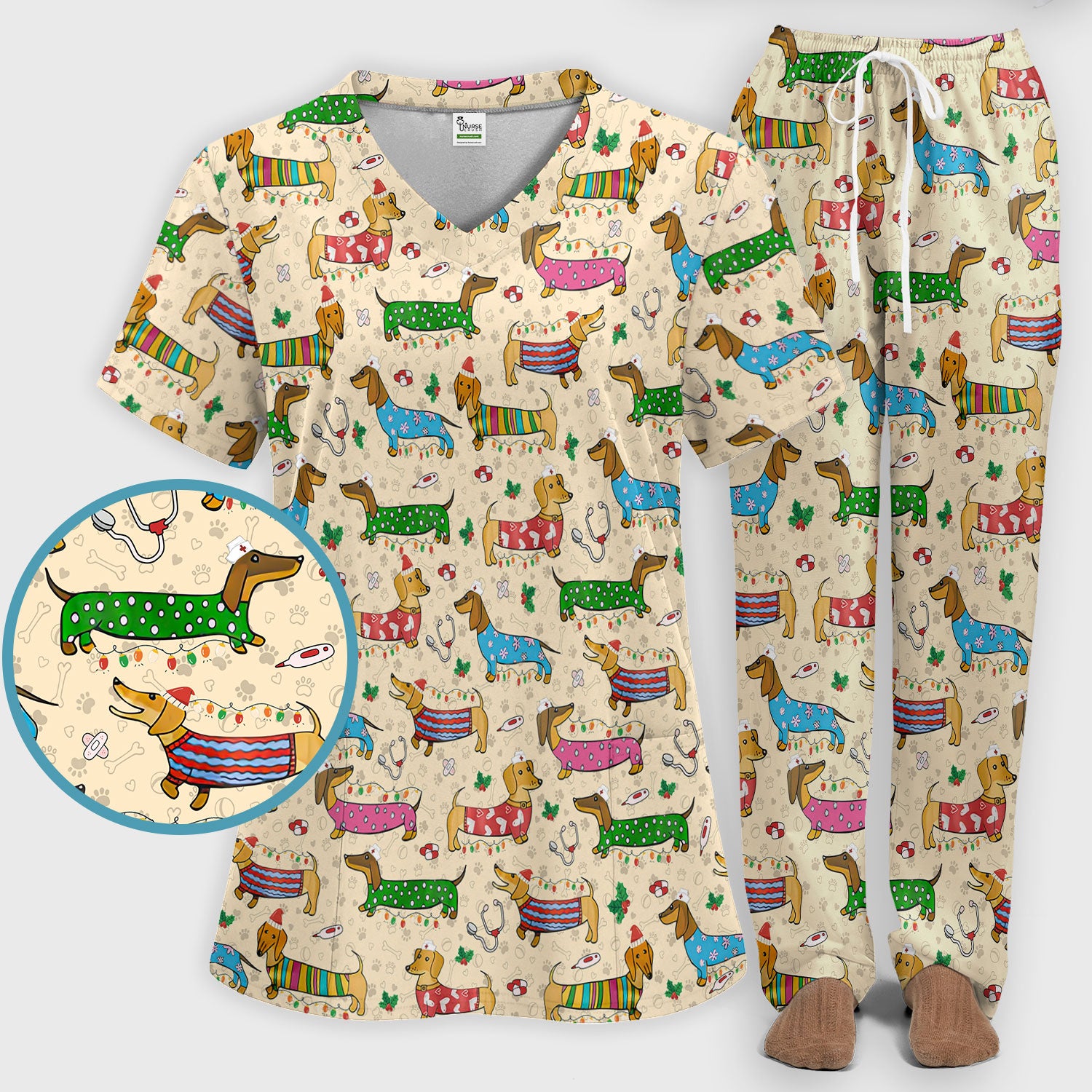 Christmas Dachshund Scrub Set for Nurses - Cute Wiener Dog in Holiday Outfit - Funny Medical Uniform Gift for Women RN LPN CNA