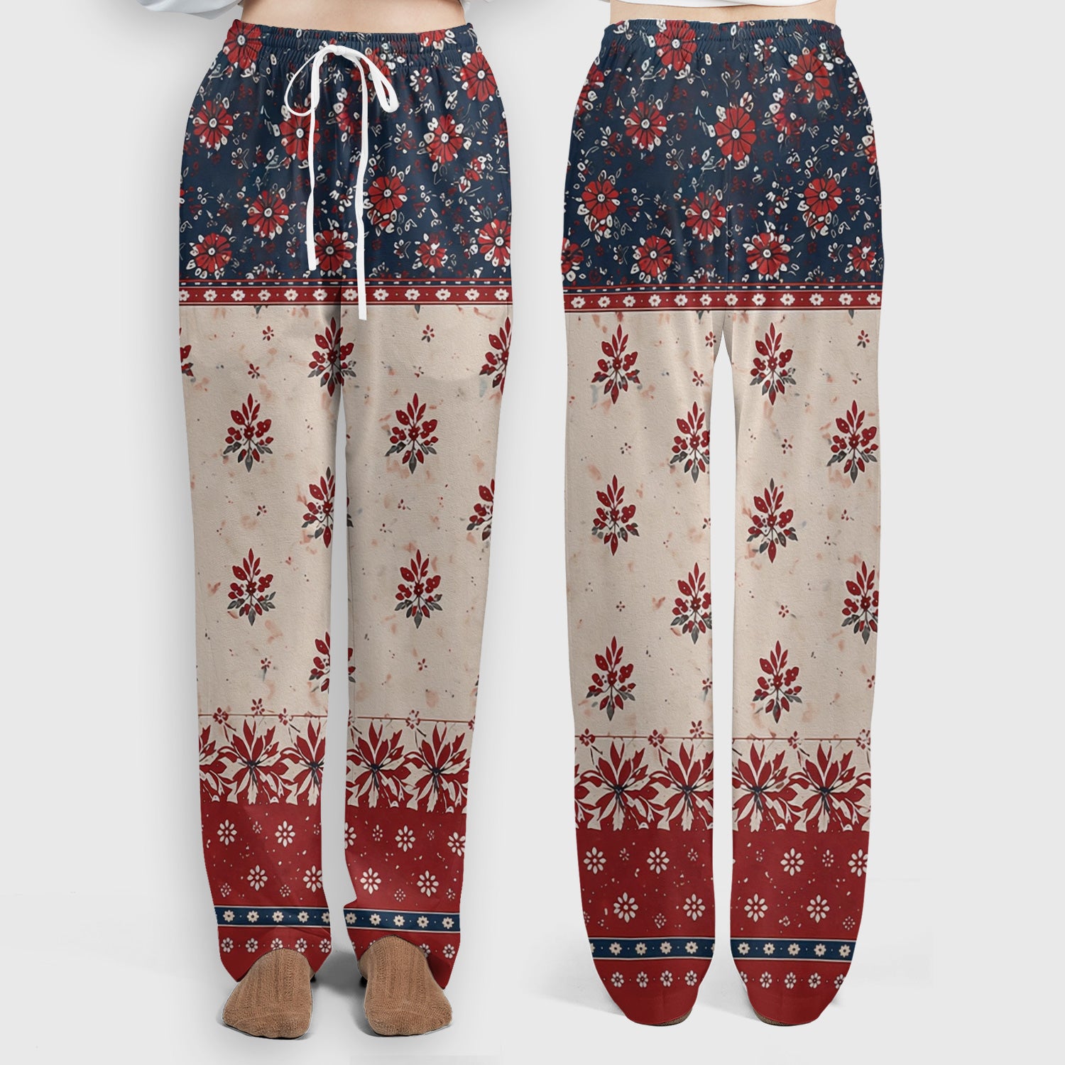Vintage Floral Border Red Blue Pattern Scrub Set, Scrub Pants and V Neck Top