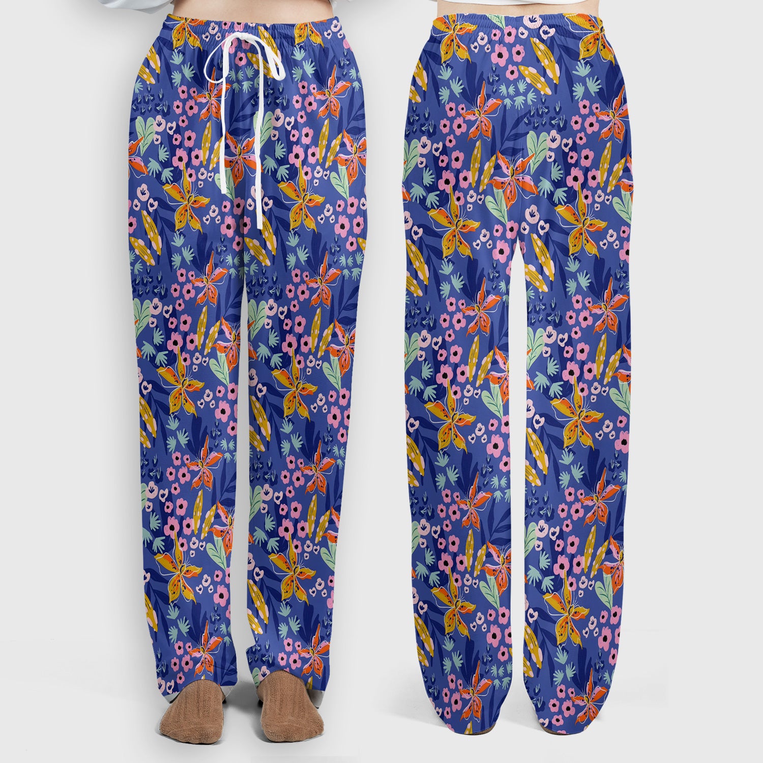 Nurse Blue Lily Floral Garden Pattern Scrub Set, Scrub Pants and V Neck Top
