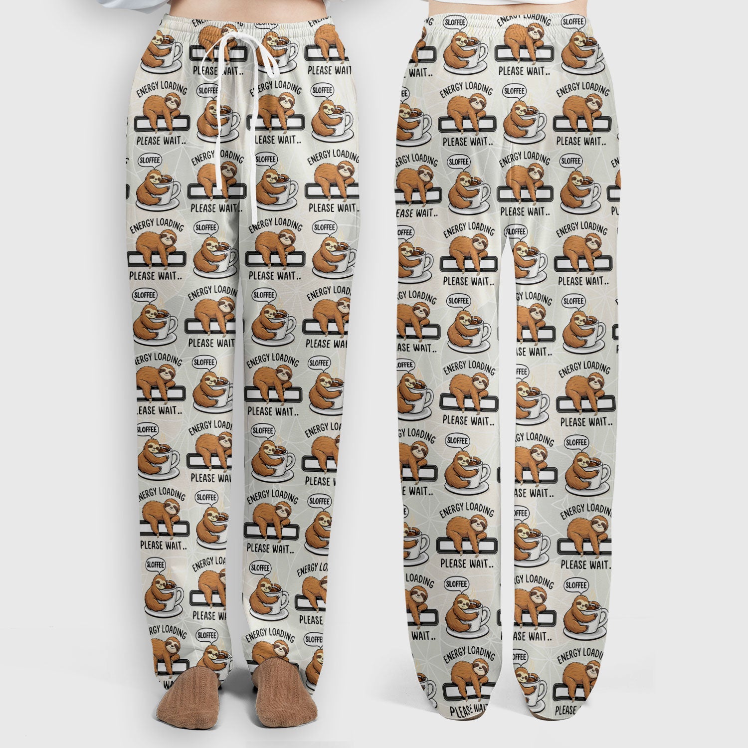 Funny Sloth Coffee Energy Loading Pattern Scrubs Sets, Scrub Pants and V Neck Top
