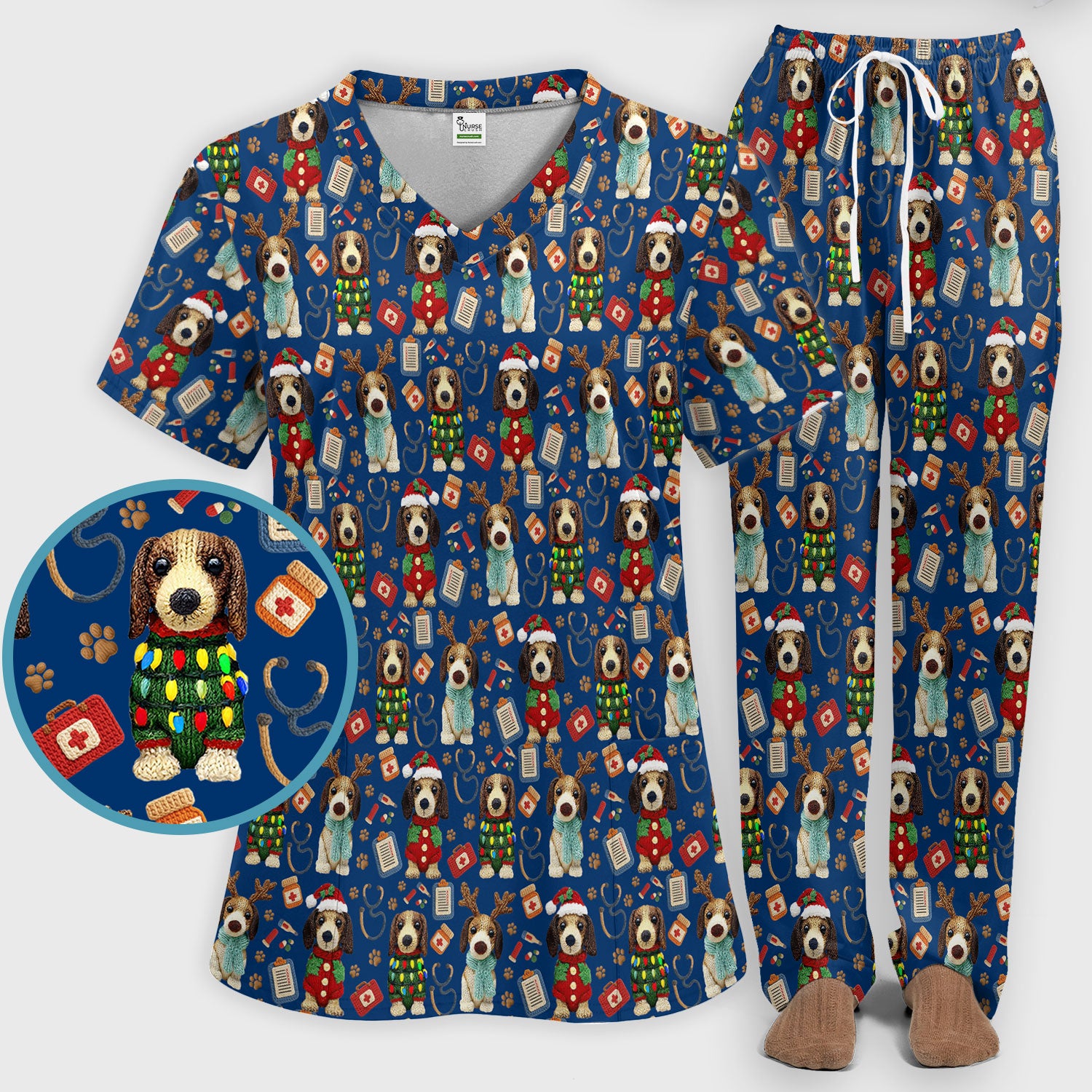 Christmas Wiener Dog Scrubs Set for Women - Cute Dachshund Christmas Scrub Pants and V Neck Top - Puppy Lover Medical Uniform Gift