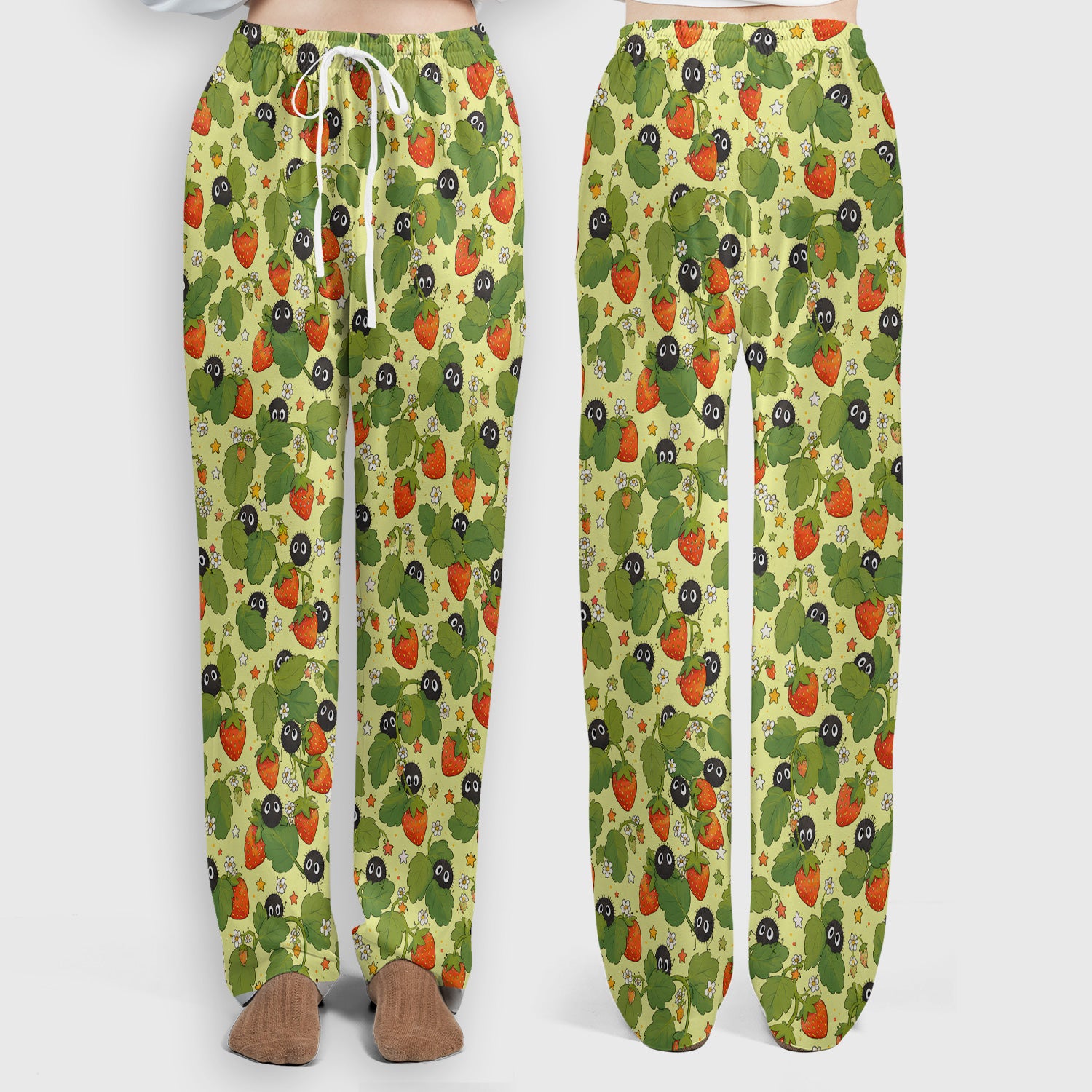 Cute Strawberry Soot Sprite Pattern Scrub Set, Scrub Pants and V Neck Top