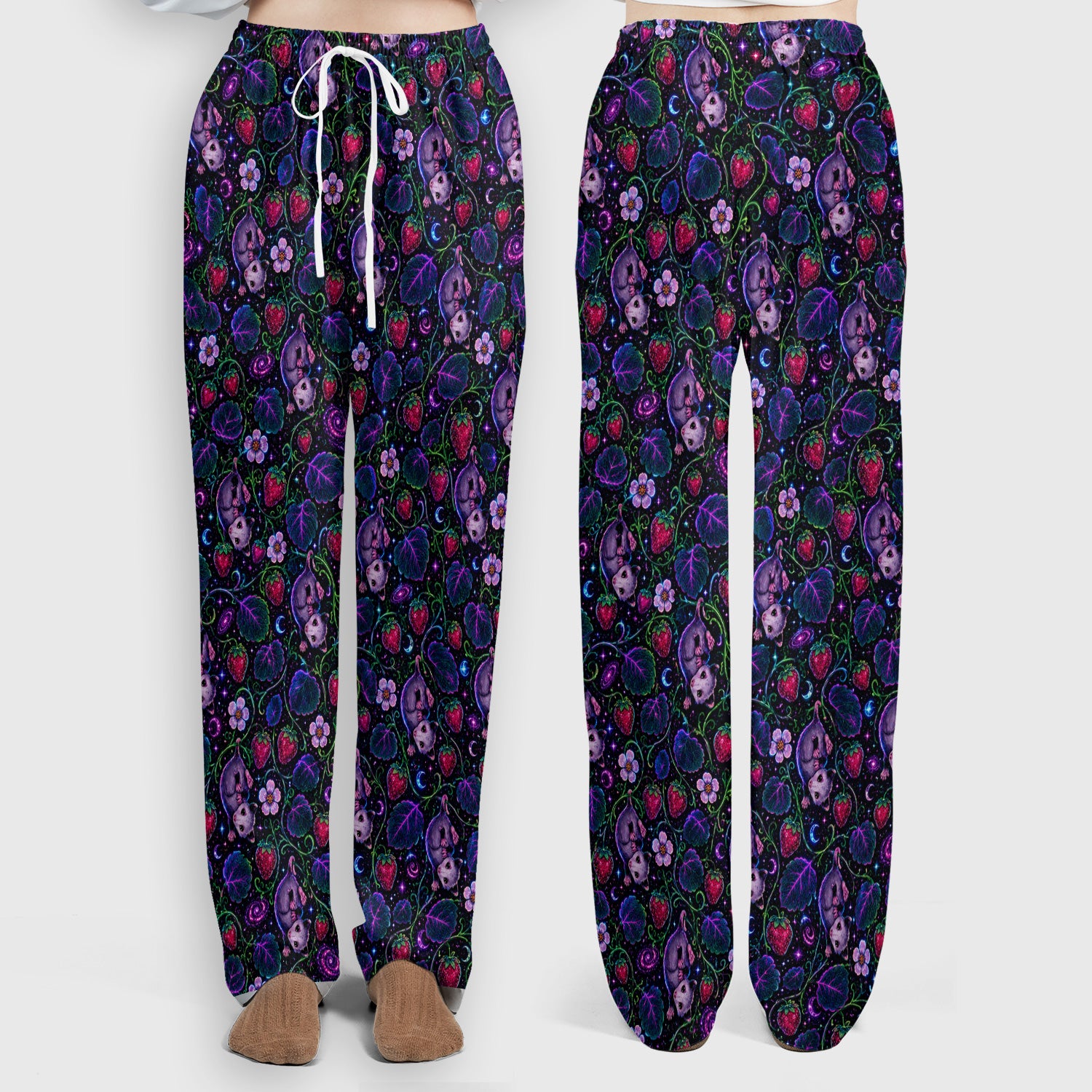 Galaxy Strawberry Opossum Pattern Scrub Set, Scrub Pants and V Neck Top