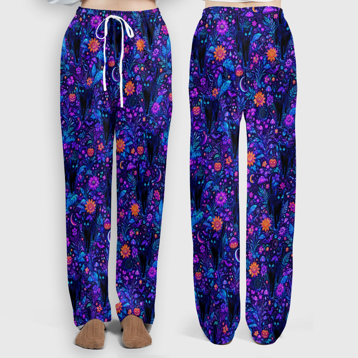 Halloween Black Cat Floral Print Scrub Set, Scrub Pants and V Neck Top