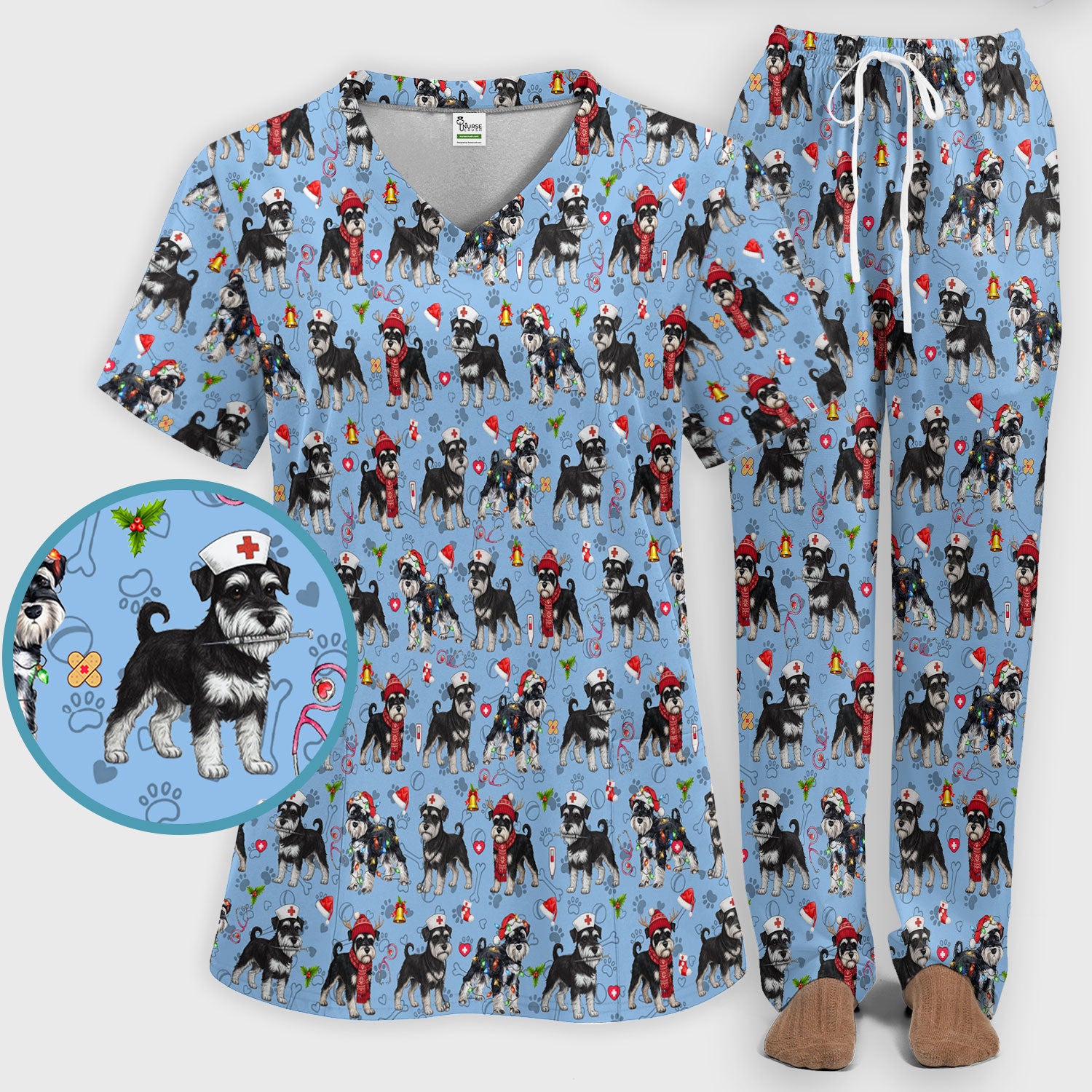 Christmas Schnauzer Scrub Set for Nurses - Cute Dog Holiday Scrubs Pants and V Neck Top - Funny Santa Nursing Medical Shirt for Women