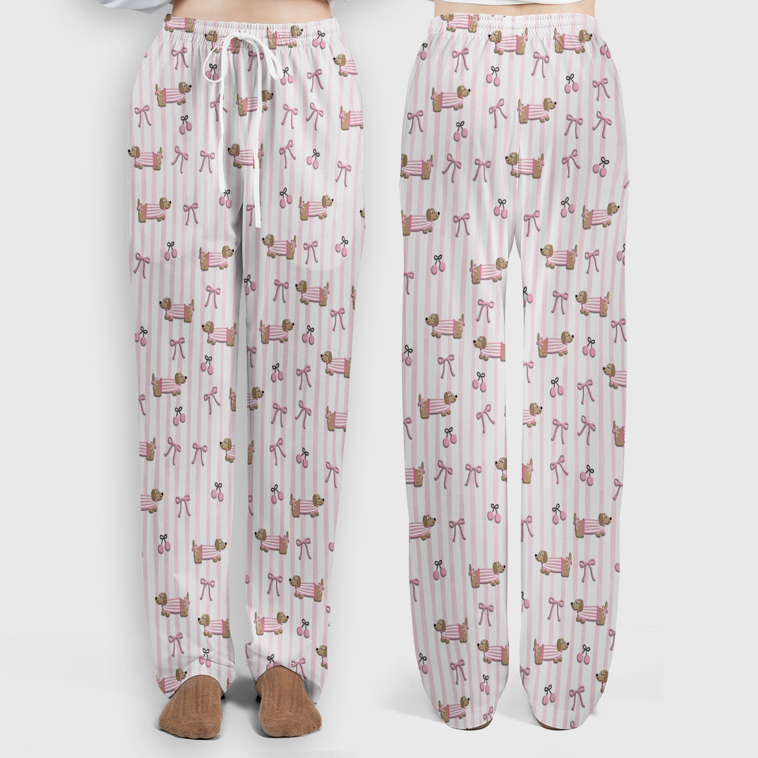 Cute Dachshund Pink Stripe Pattern Scrub Set, Women's Scrub Sets