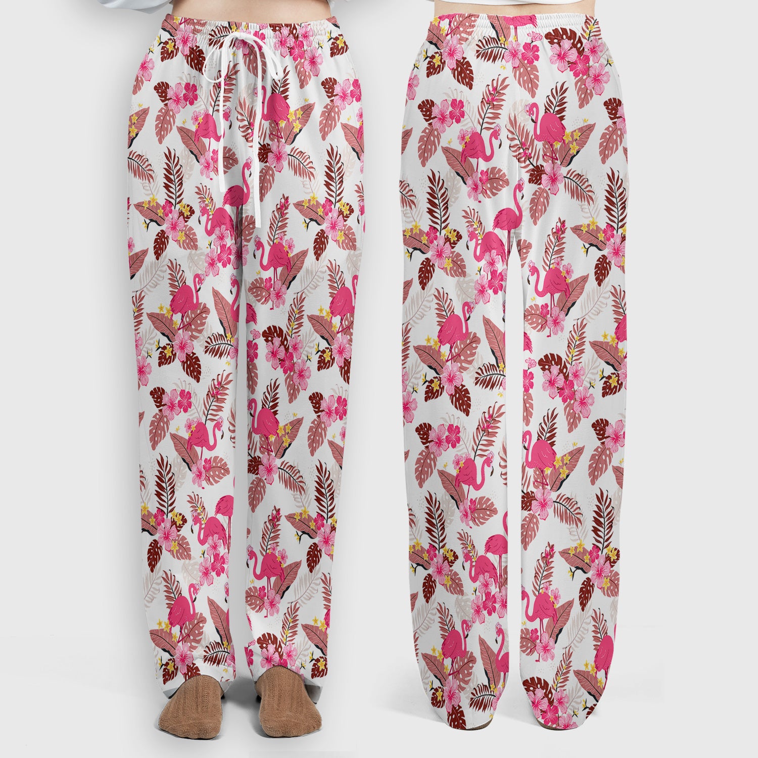Pink Flamingo Tropical Floral Scrub Set, Scrub Pants and V Neck Top