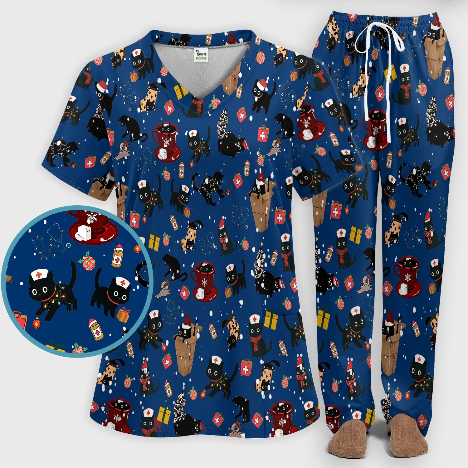 Christmas Cat Scrub Set for Nurse - Funny Black Cats Scrubs Pants and V Neck Top - Cute Holiday Medical Uniform for Women