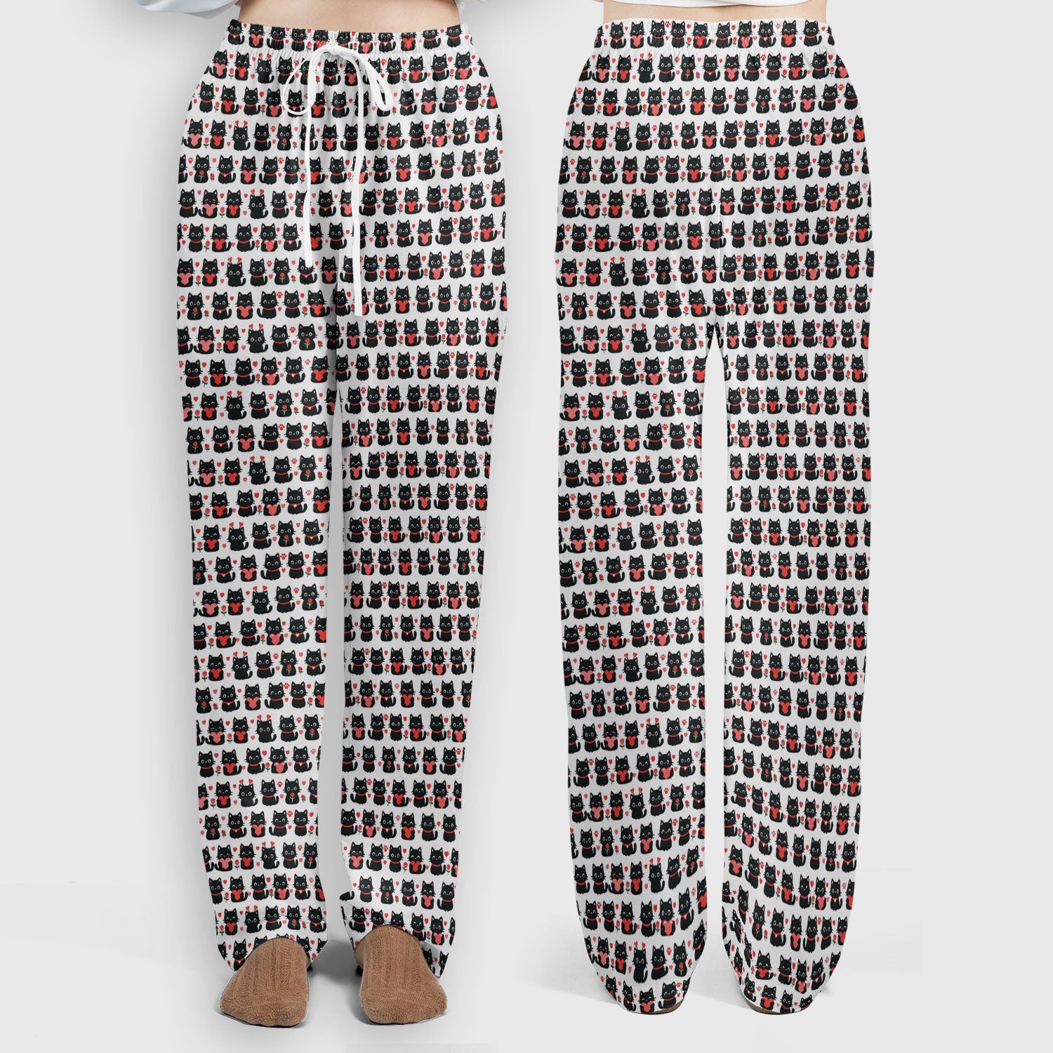 Black Cat Valentine Nurse Scrub Set, Cute Heart Pattern Medical Shirt, Breathable Fabrics Nursing Uniform