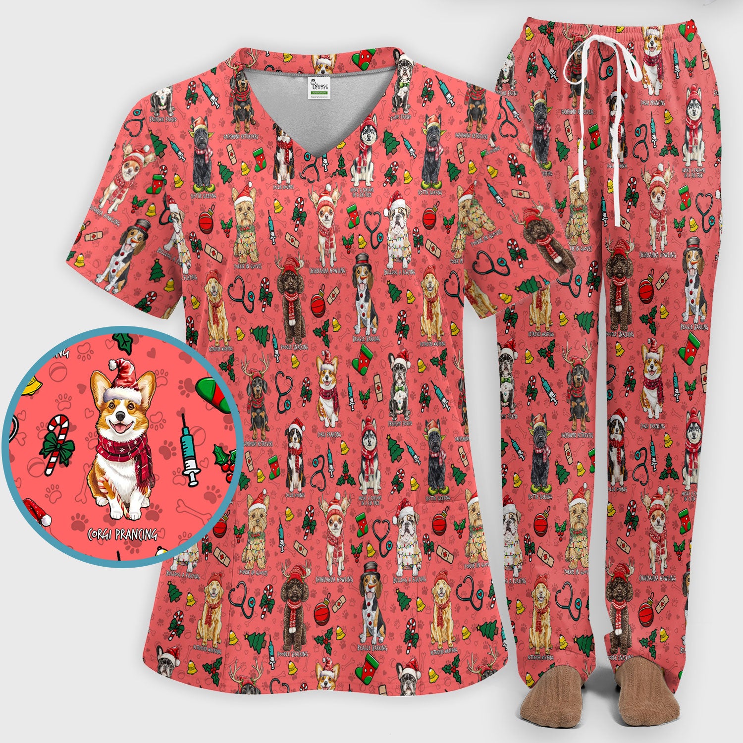 Cute Christmas Dog Scrubs Sets for Nurses - Corgi, Dachshund, Husky, Poodle & Labrador - Funny Holiday Medical Uniform for RN CNA LPN