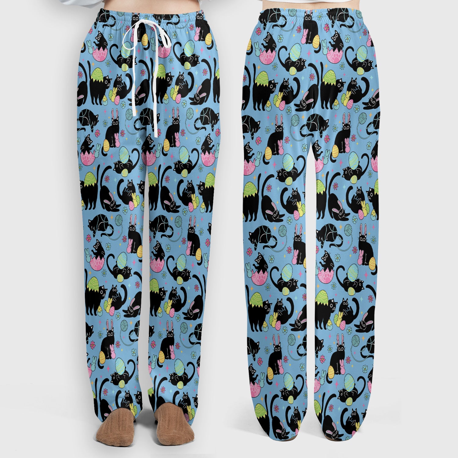 Funny Easter Black Cat Egg Pattern Scrub Set, Scrub Pants and V Neck Top